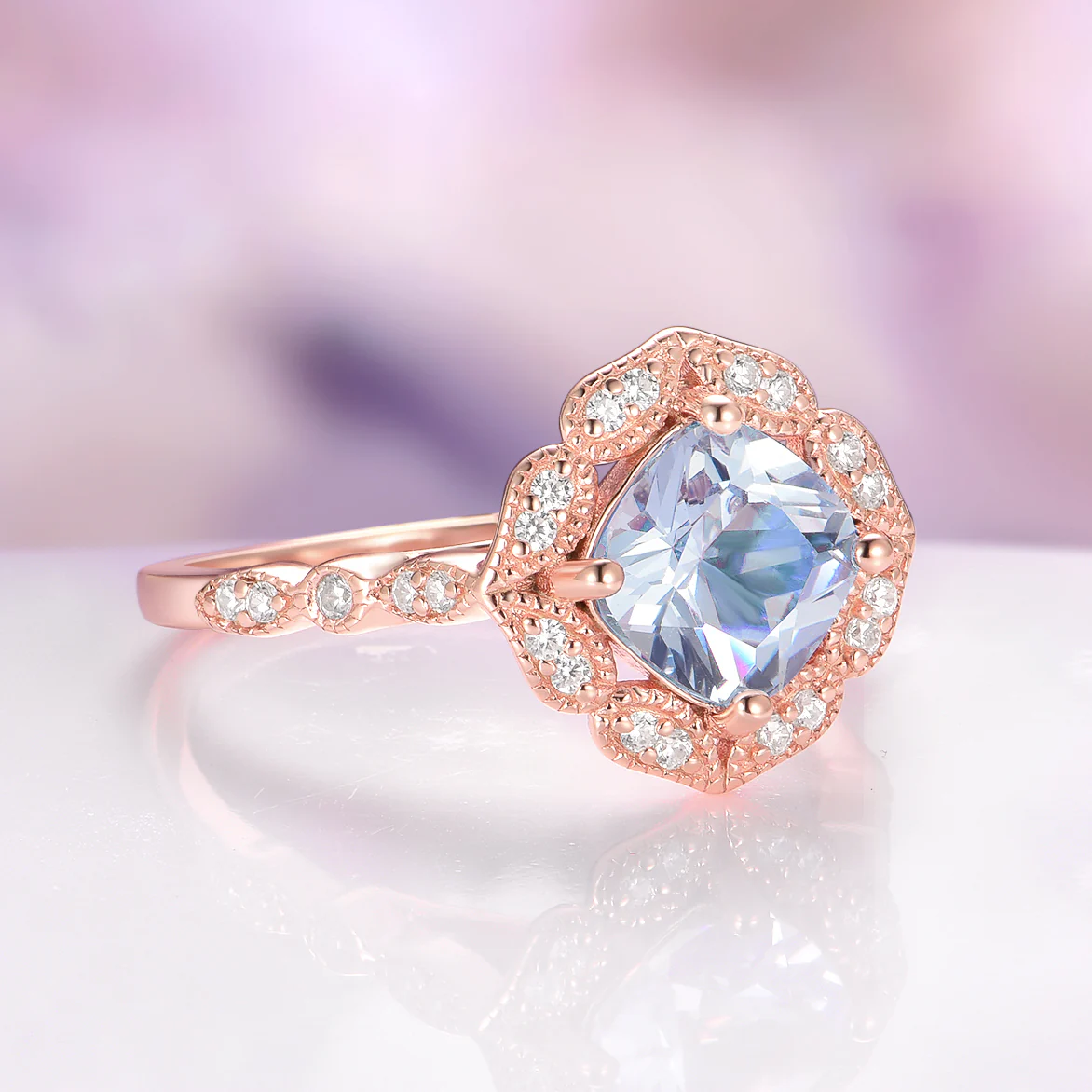 Art Deco Aquamarine Engagement Ring in Solid 14K Rose Gold - Image 7