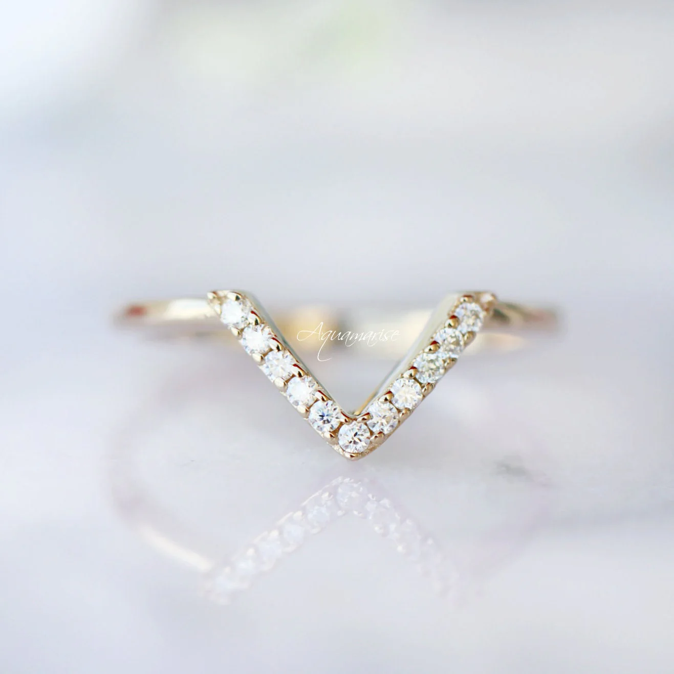 Petite Chevron Natural Diamond or Moissanite Wedding Band in 14K Solid Yellow Gold - Image 5