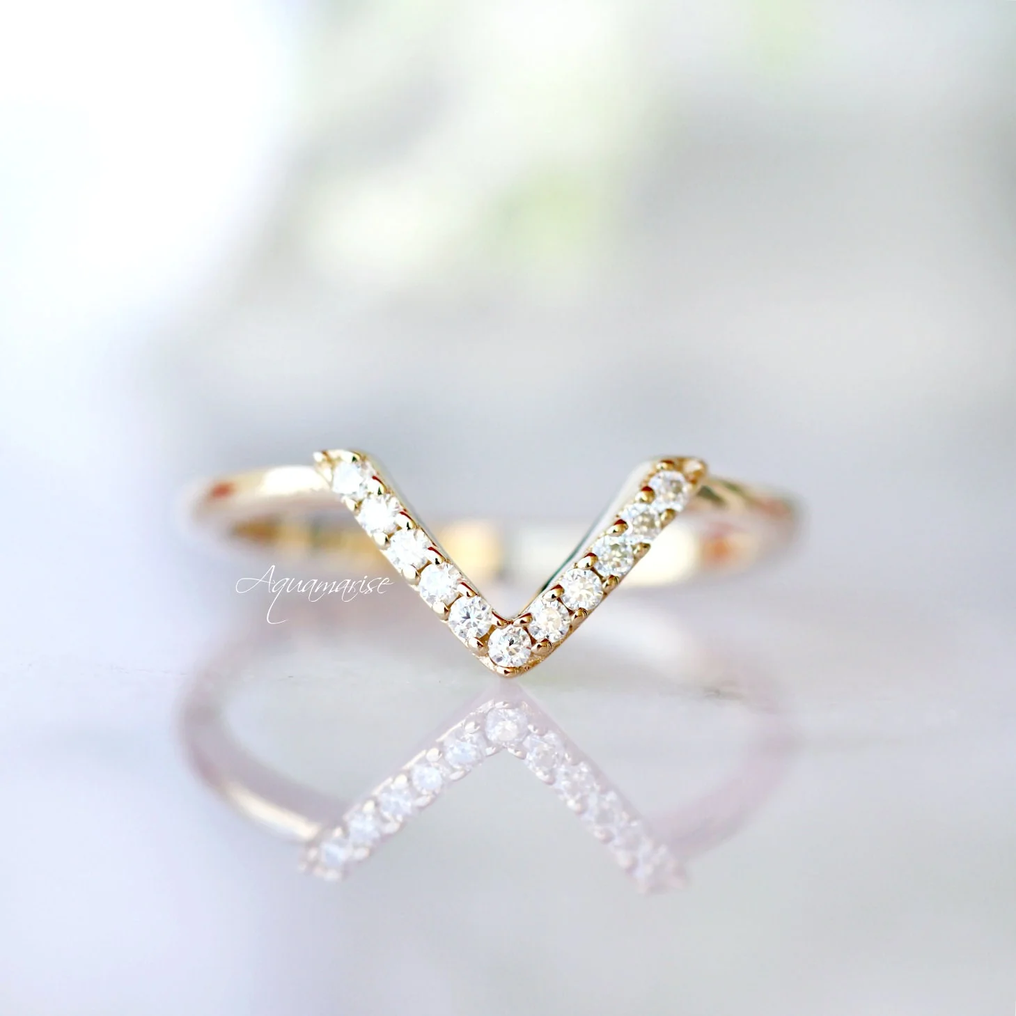 Petite Chevron Natural Diamond or Moissanite Wedding Band in 14K Solid Yellow Gold - Image 7