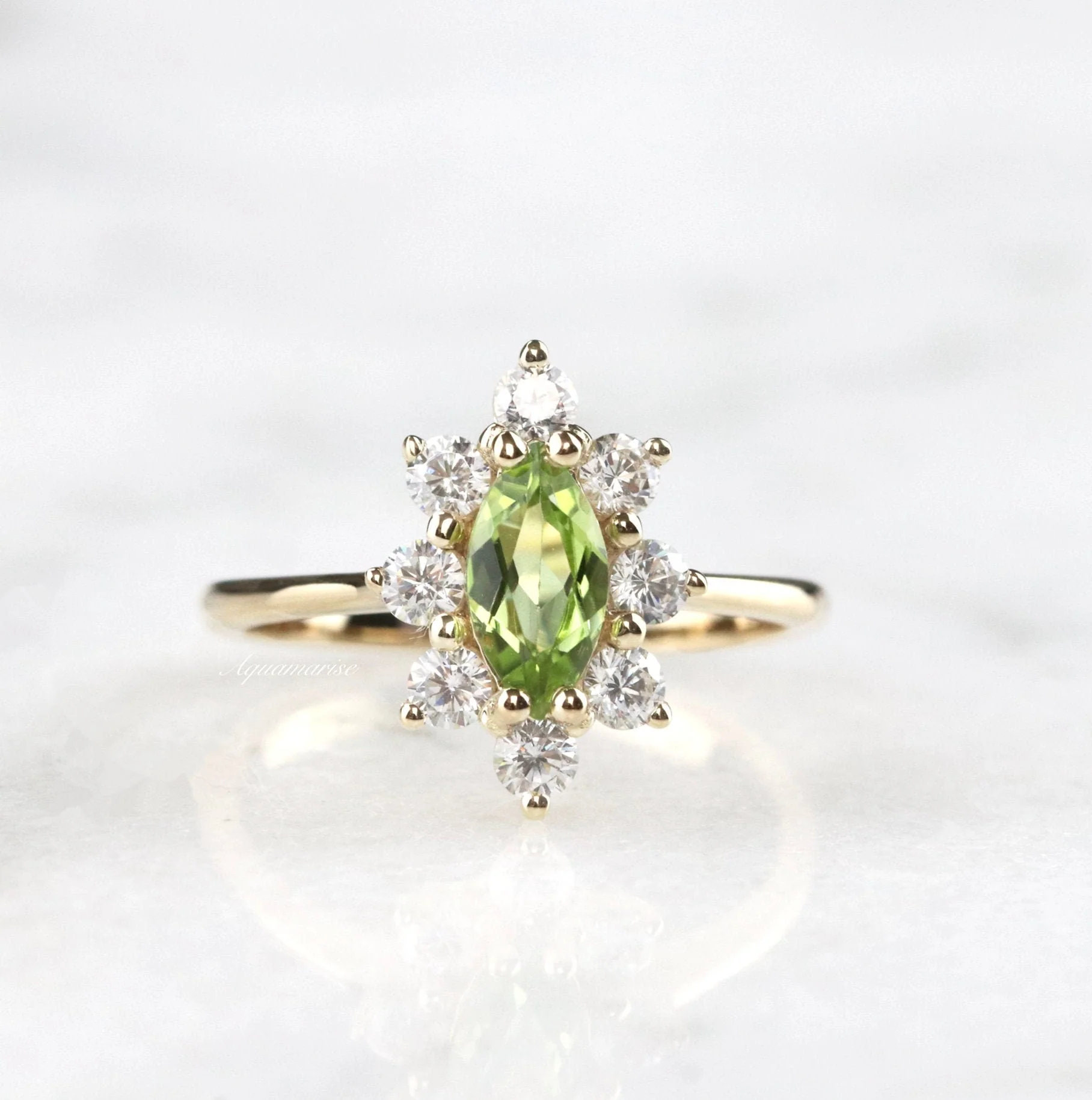 Marquise Natural Peridot Engagement Ring in 14K Solid Yellow Gold - Image 2