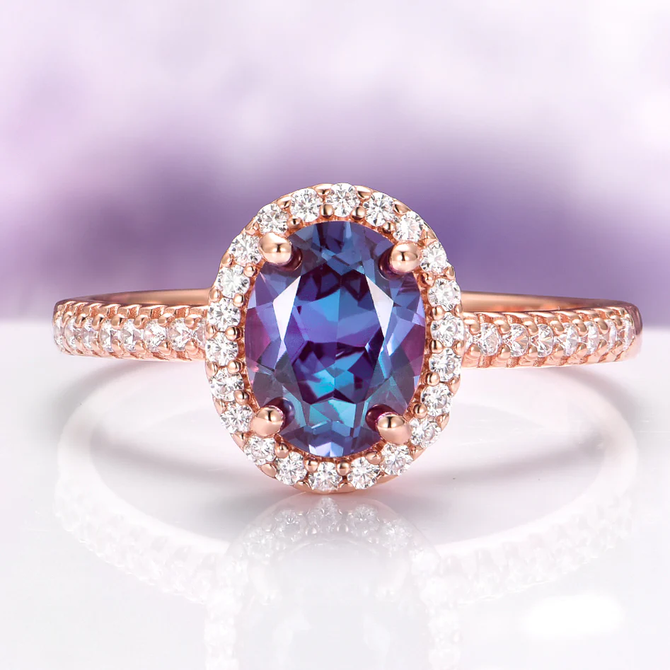 Iris Oval Alexandrite Engagement Ring in 14K Solid Rose Gold