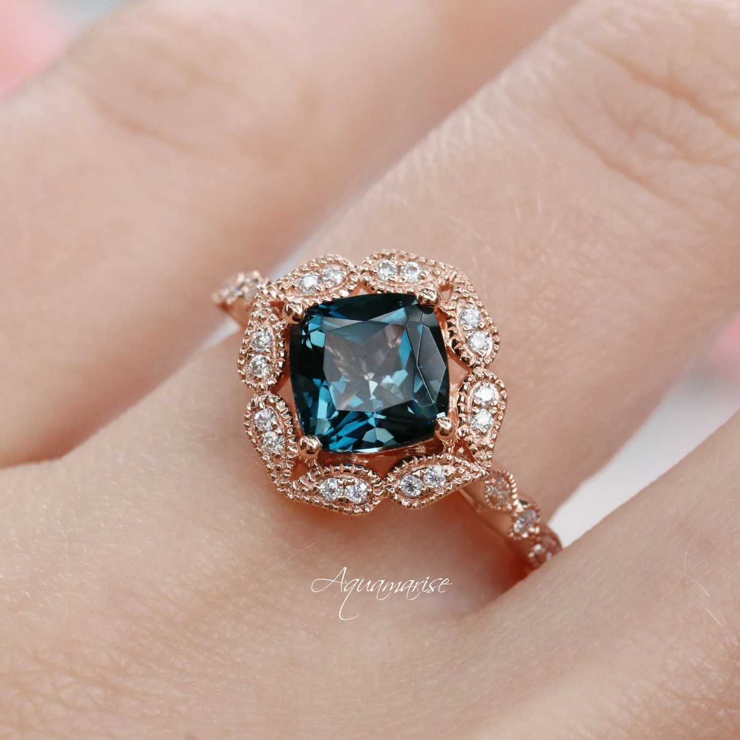 Cushion Cut Natural London Blue Topaz Engagement Ring in 14K Solid Rose Gold - Image 2