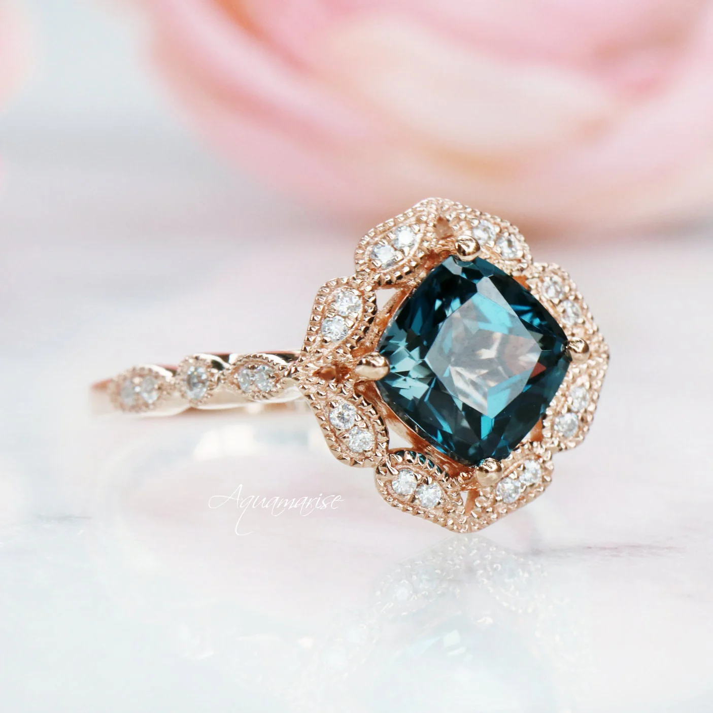 Cushion Cut Natural London Blue Topaz Engagement Ring in 14K Solid Rose Gold - Image 4