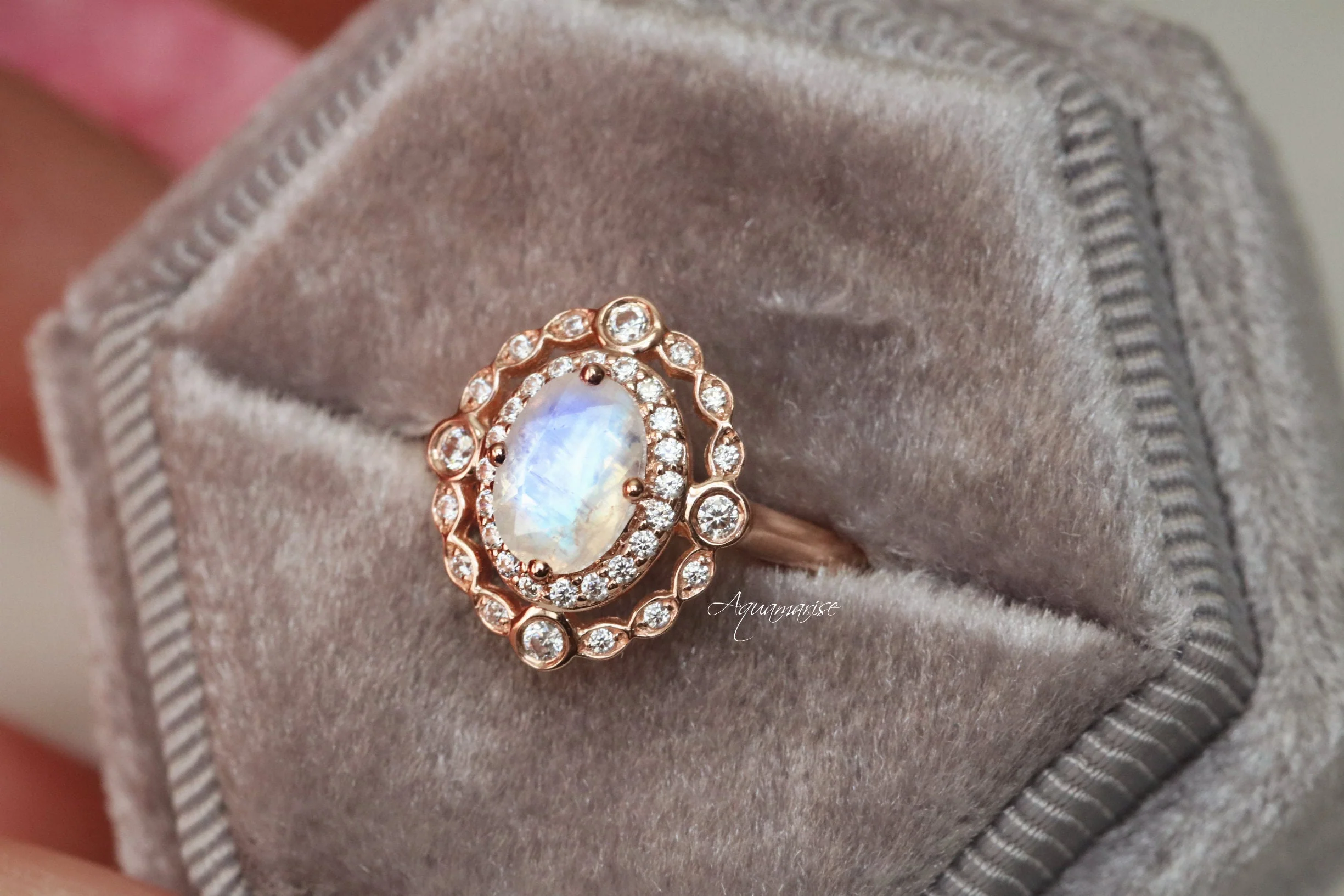 Valentina Rainbow Moonstone Engagement Ring in 14K Solid Rose Gold - Image 3