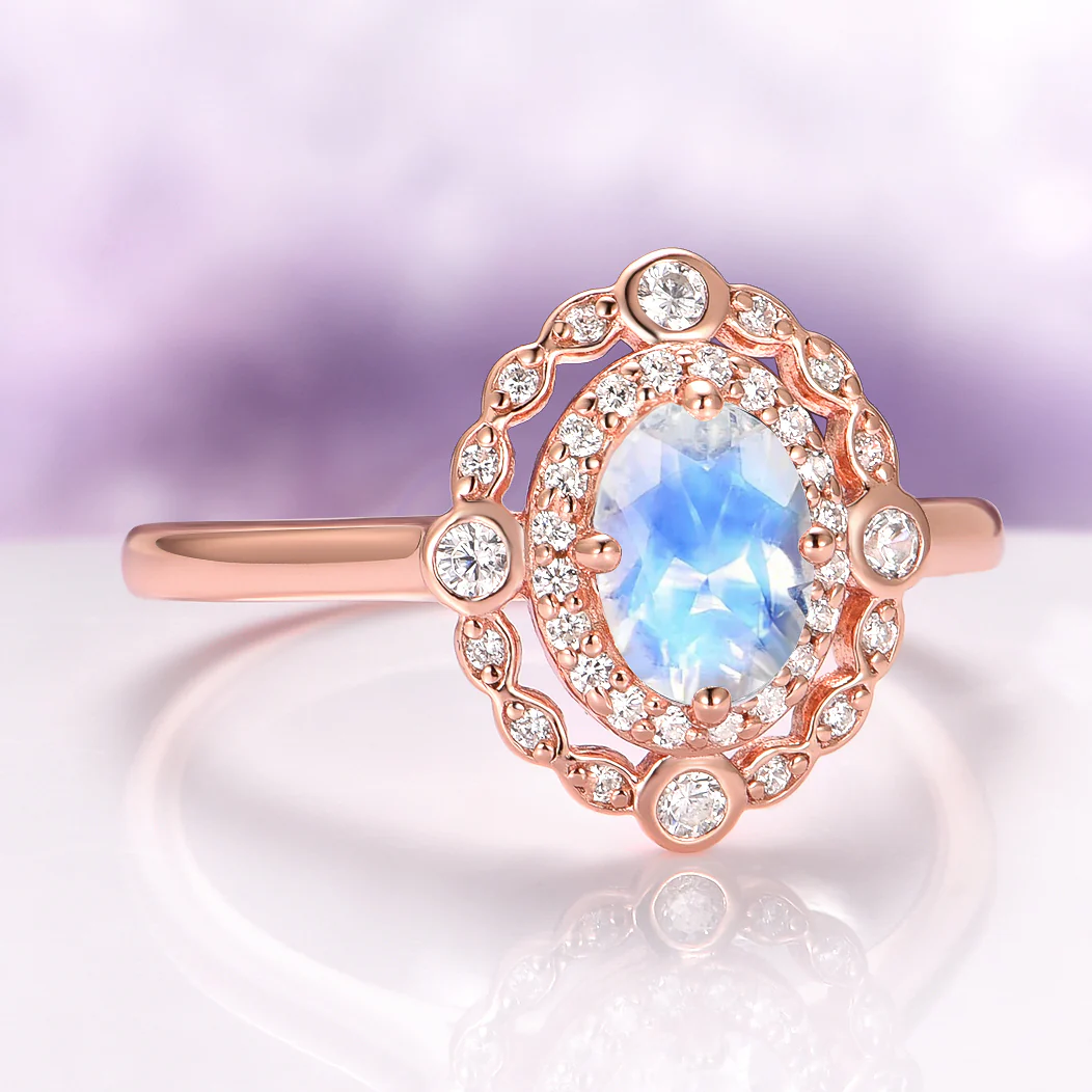 Valentina Rainbow Moonstone Engagement Ring in 14K Solid Rose Gold - Image 4