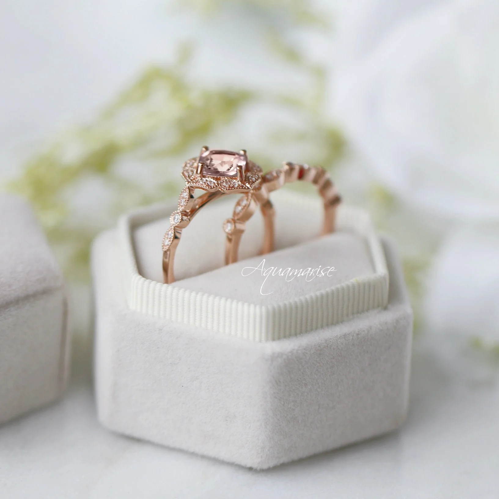 Art Deco Morganite Engagement Ring in Solid 14K Rose Gold - Image 3