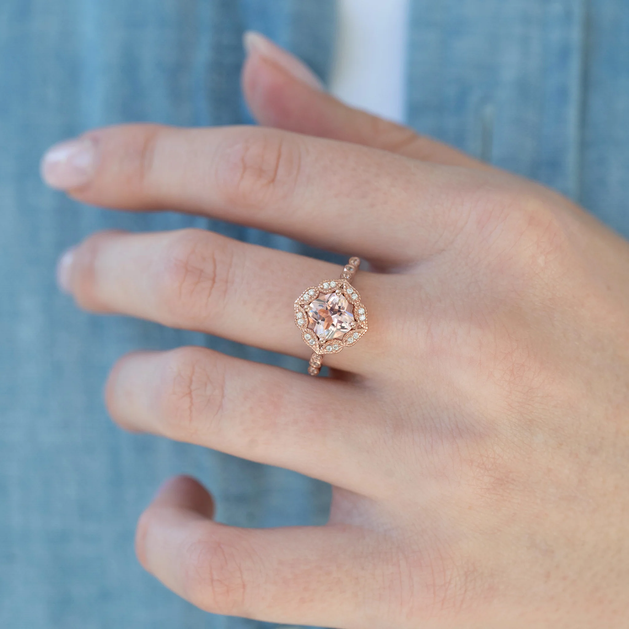 Art Deco Morganite Engagement Ring in Solid 14K Rose Gold - Image 5