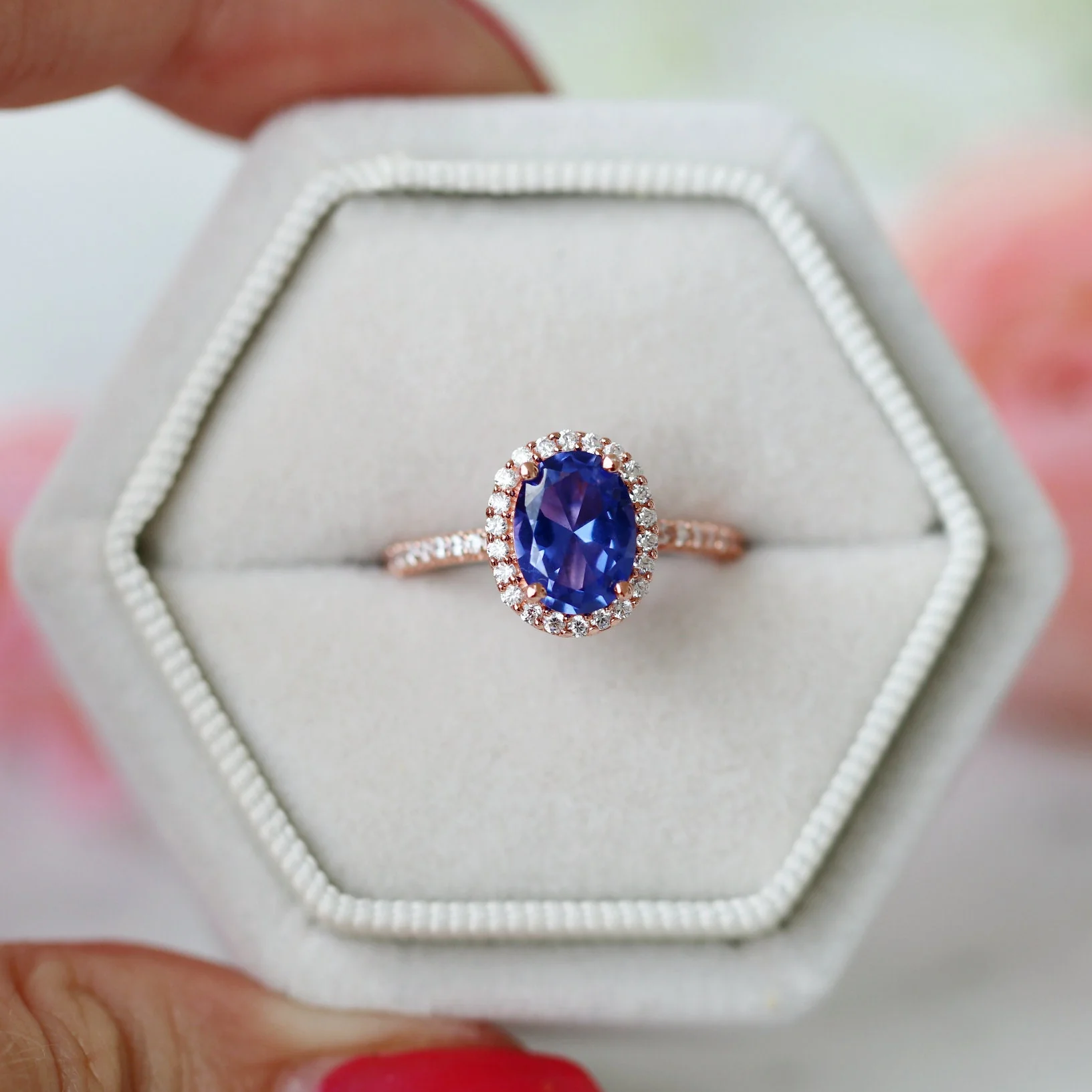 Iris Oval Tanzanite Engagement Ring in 14K Solid Rose Gold - Image 2