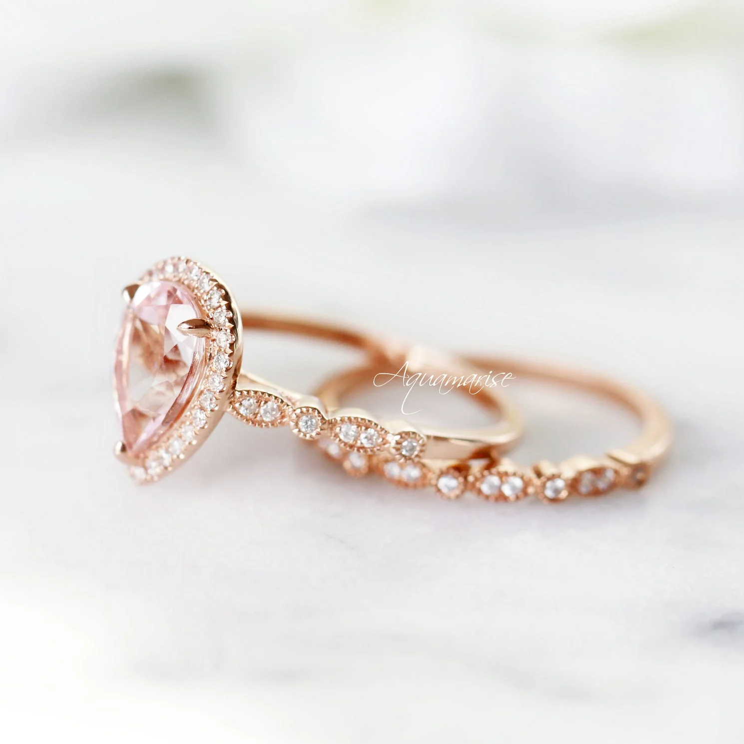 Teardrop Natural Morganite Engagement Ring in 14K Solid Rose Gold - Image 10