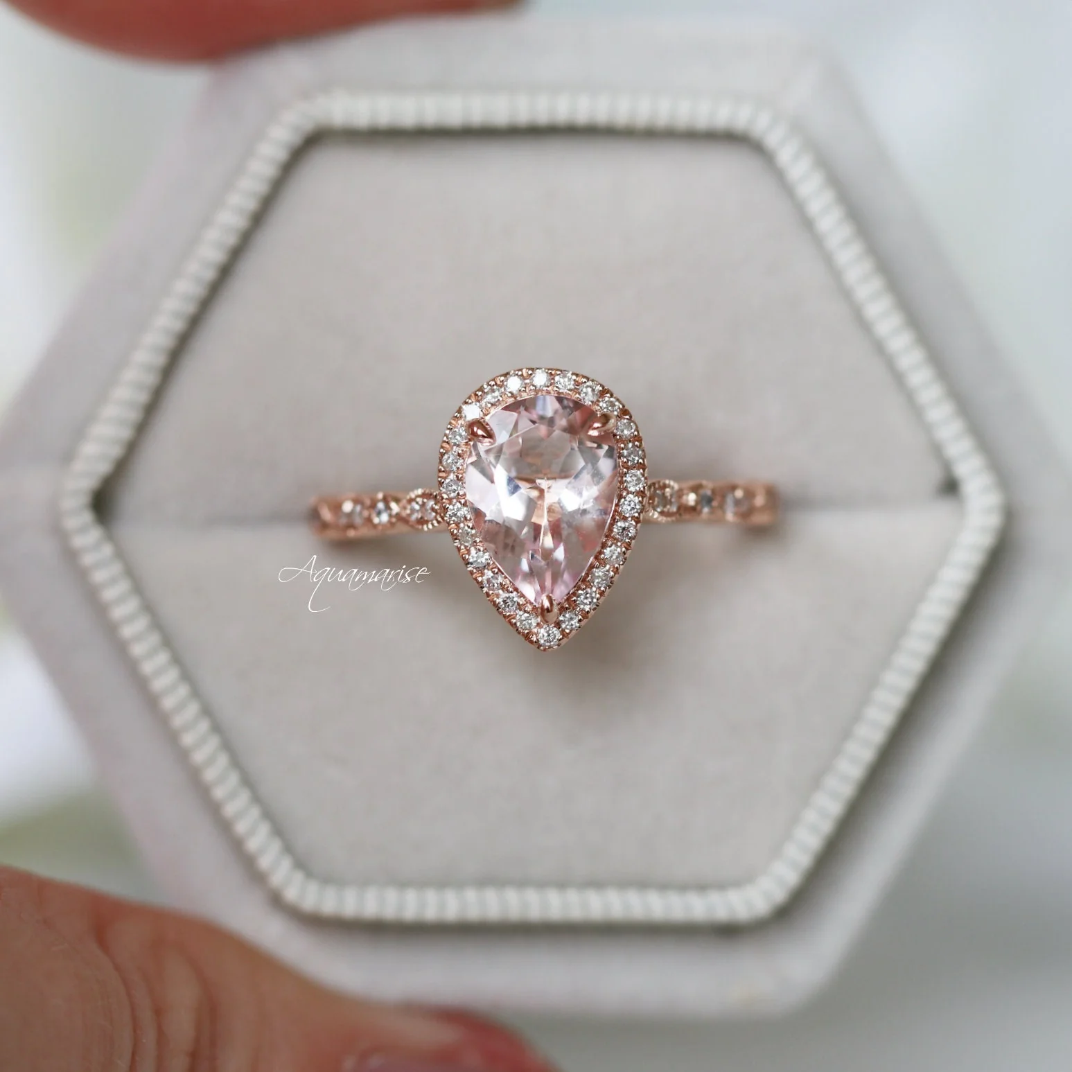 Teardrop Natural Morganite Engagement Ring in 14K Solid Rose Gold - Image 2