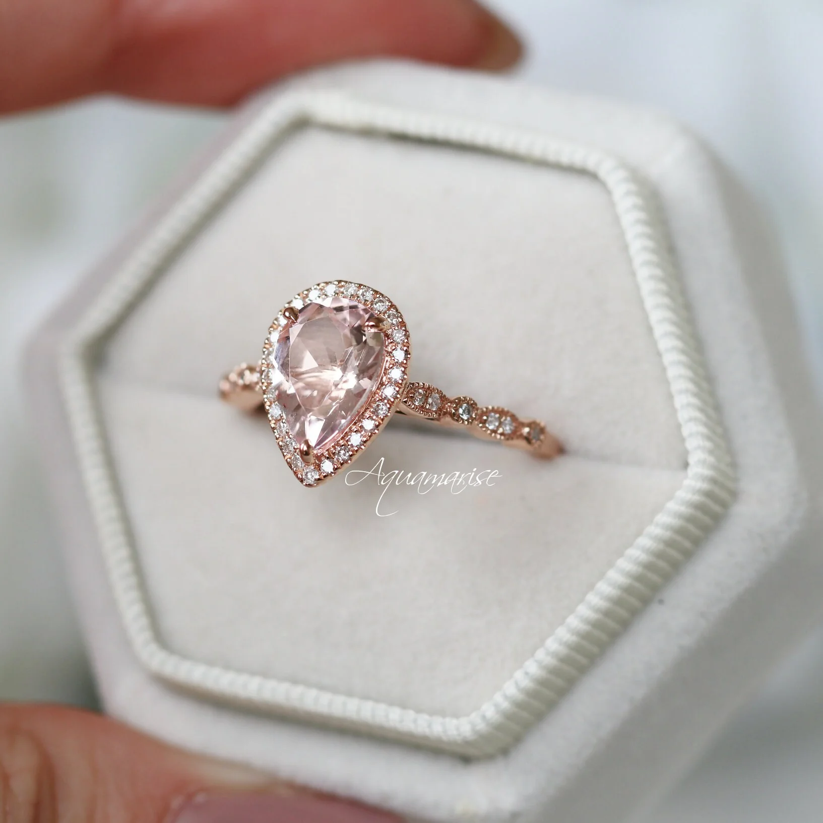 Teardrop Natural Morganite Engagement Ring in 14K Solid Rose Gold - Image 3
