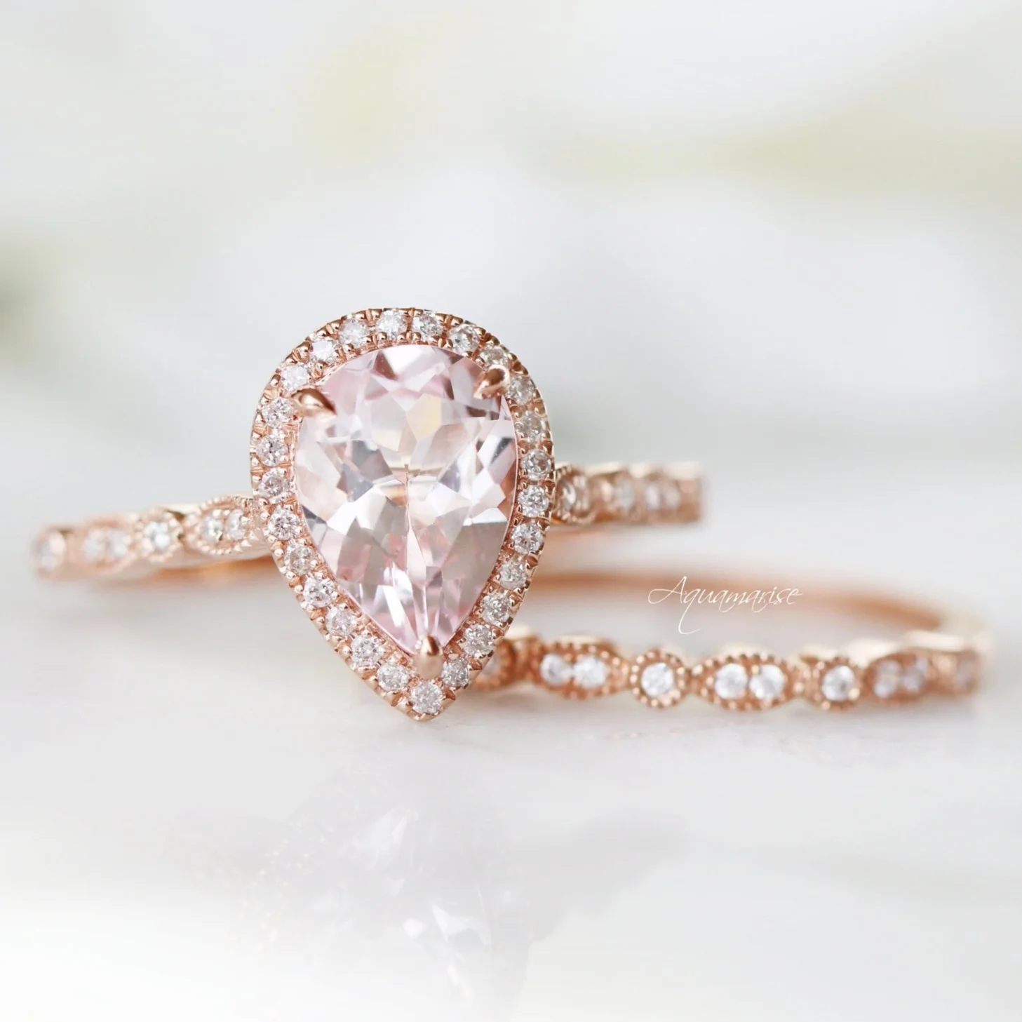 Teardrop Natural Morganite Engagement Ring in 14K Solid Rose Gold - Image 5