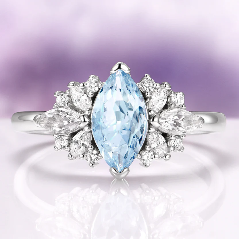 Adeline Marquise Cut Flower Aquamarine Engagement Ring in 14K White Gold
