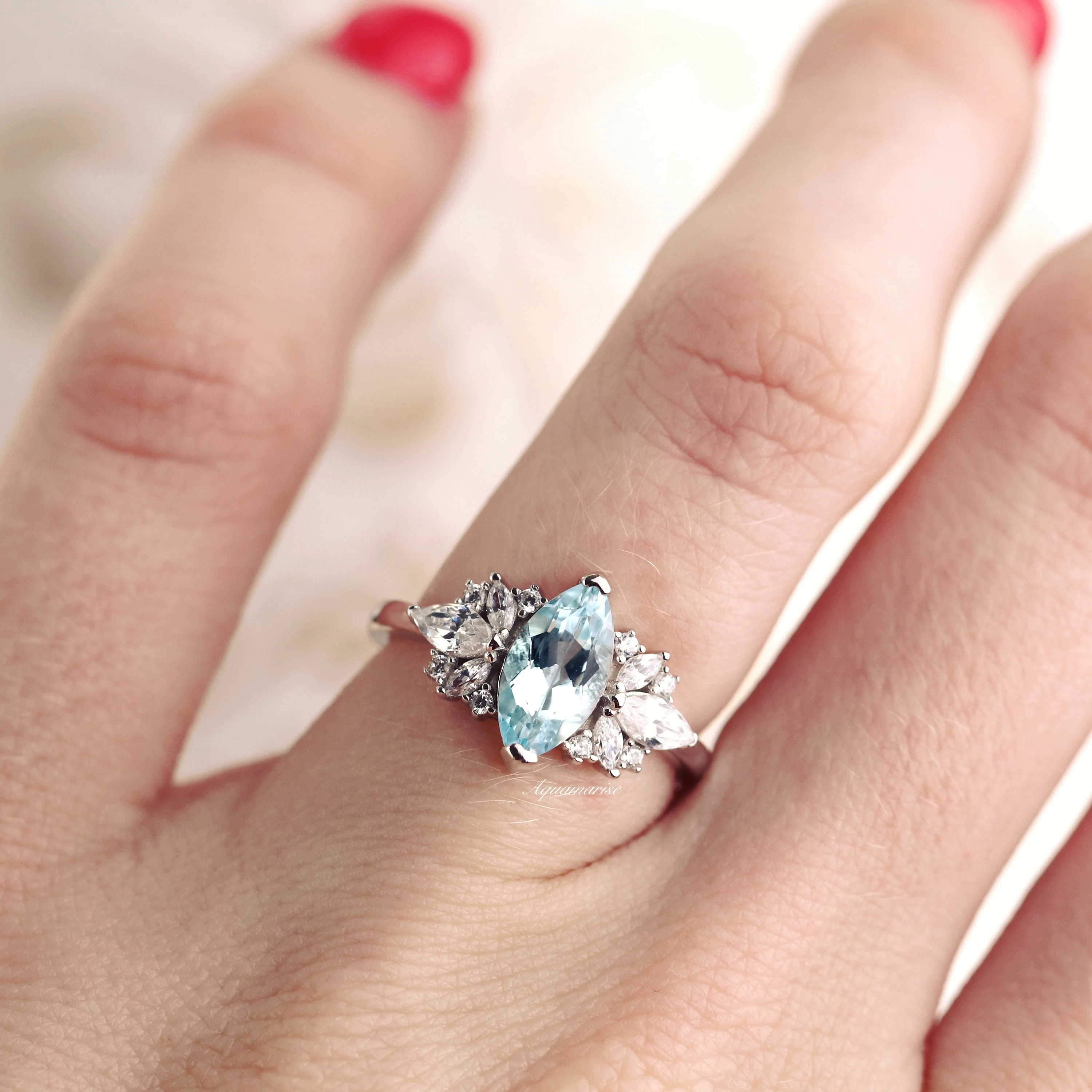 Adeline Marquise Cut Flower Aquamarine Engagement Ring in 14K White Gold - Image 4
