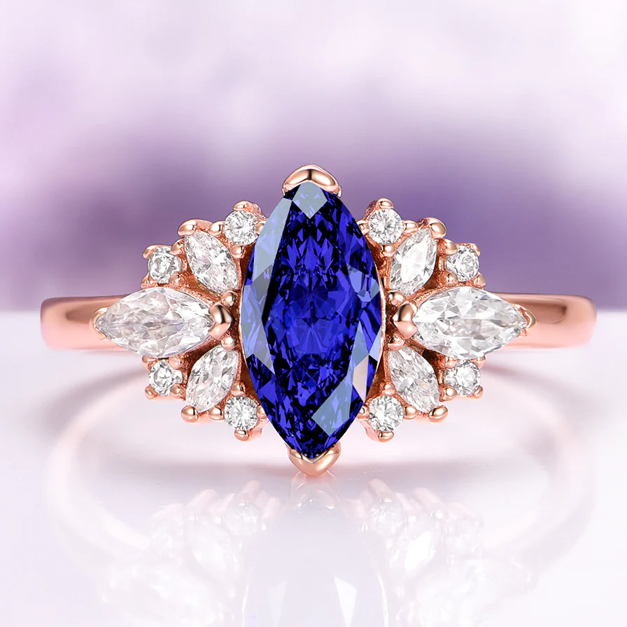 Adeline Marquise Cut Flower Blue Sapphire Engagement Ring in 14K Solid Rose Gold