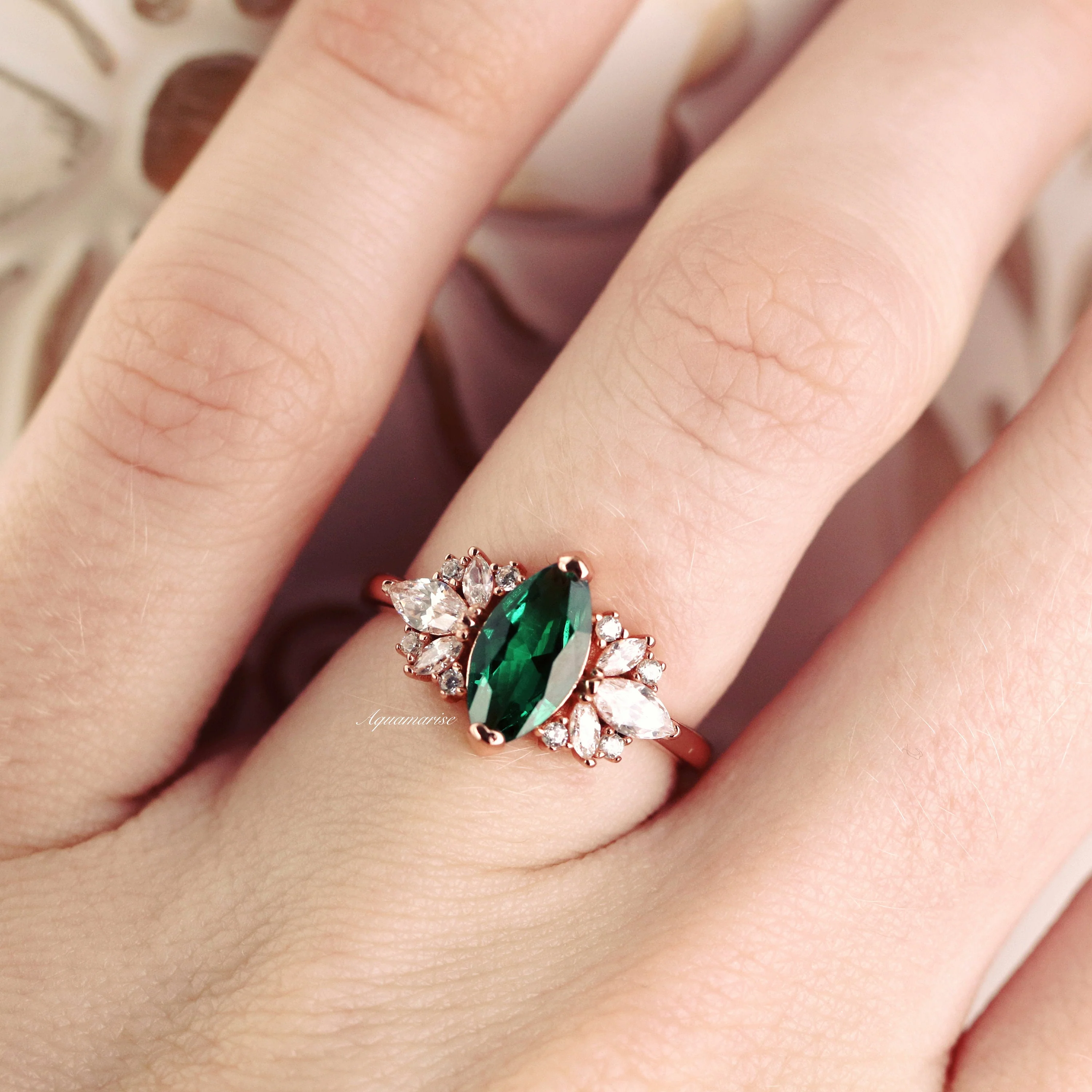 Adeline Marquise Emerald Ring in 14K Solid Rose Gold - Image 3