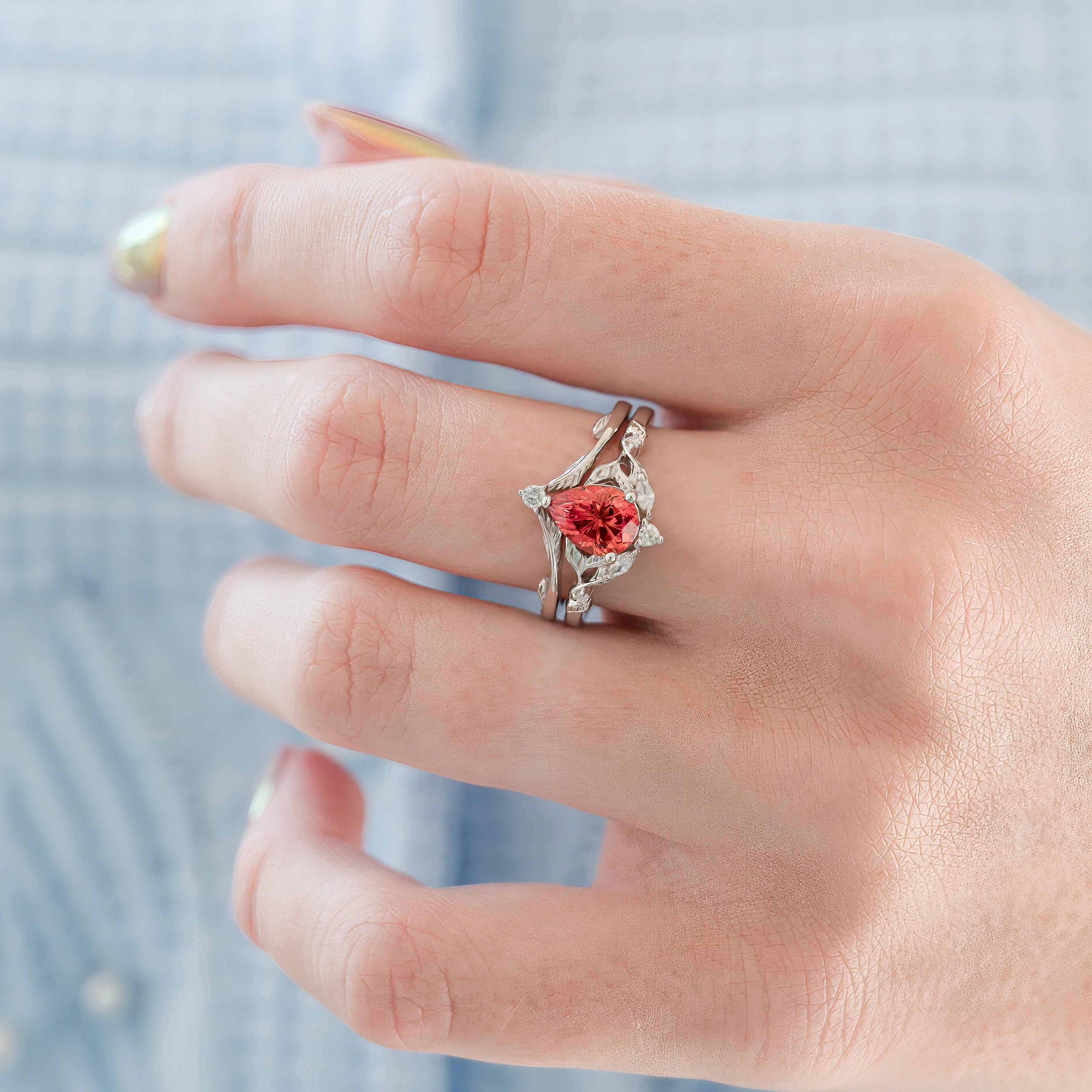 Fireworks Cut Padparadscha Sapphire Engagement Ring Set in 14K White Gold - Image 2