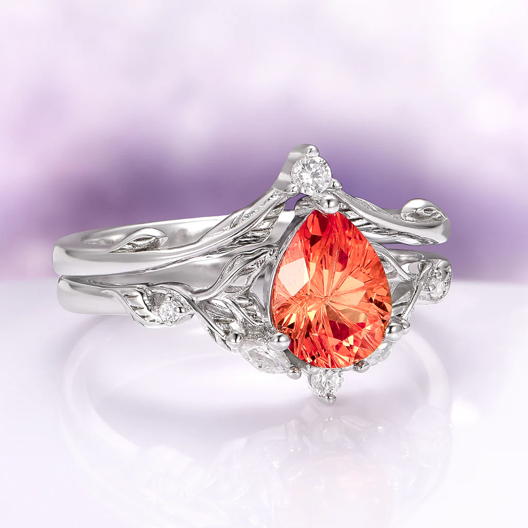 Fireworks Cut Padparadscha Sapphire Engagement Ring Set in 14K White Gold - Image 3