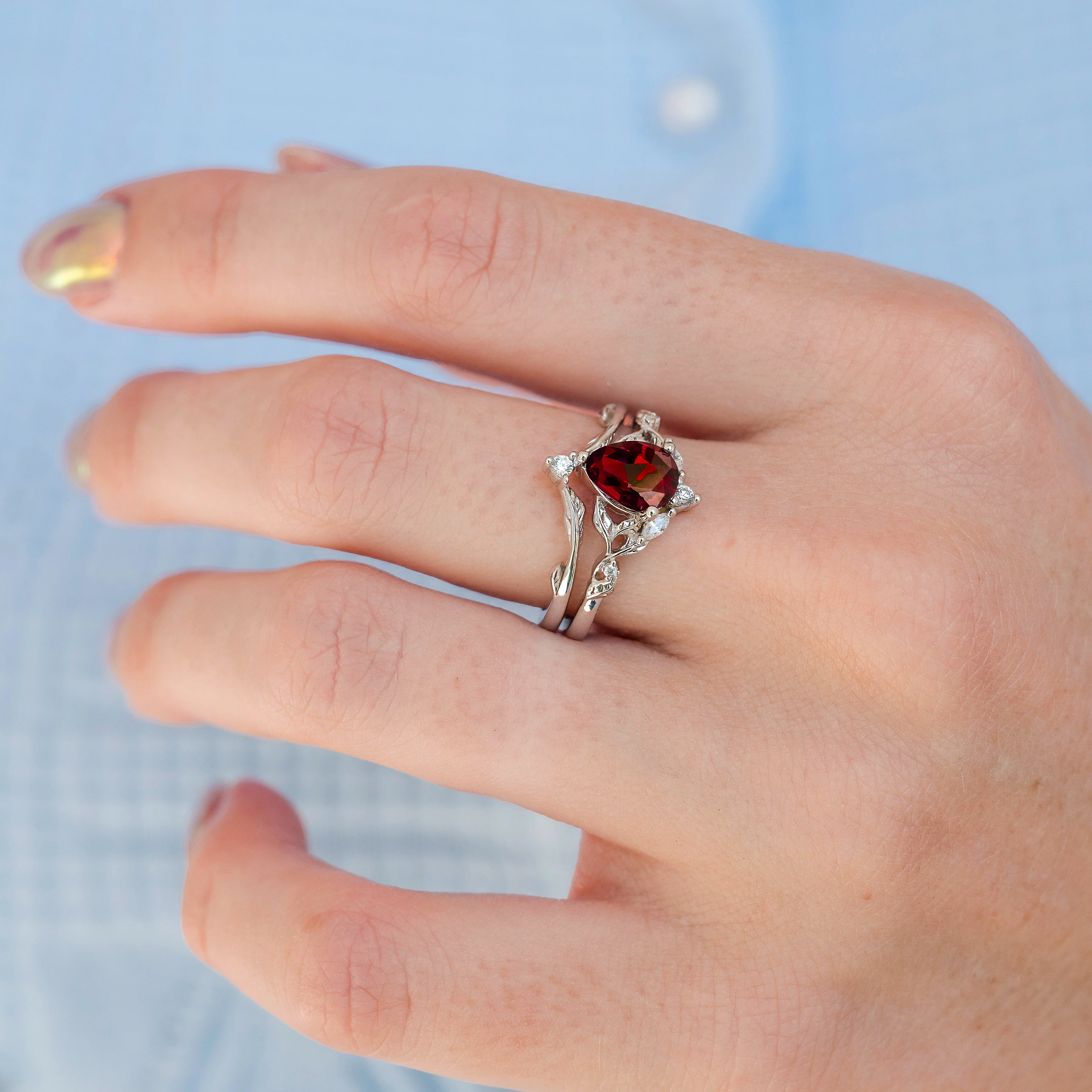 Fireworks Cut Lab-Grown Ruby Engagement Ring Set in 14K White Gold (Two Piece) - Image 2
