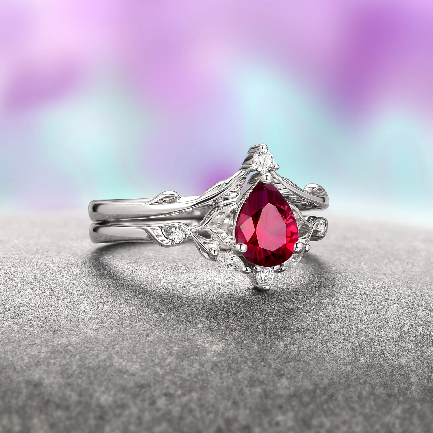 Fireworks Cut Lab-Grown Ruby Engagement Ring Set in 14K White Gold (Two Piece) - Image 3