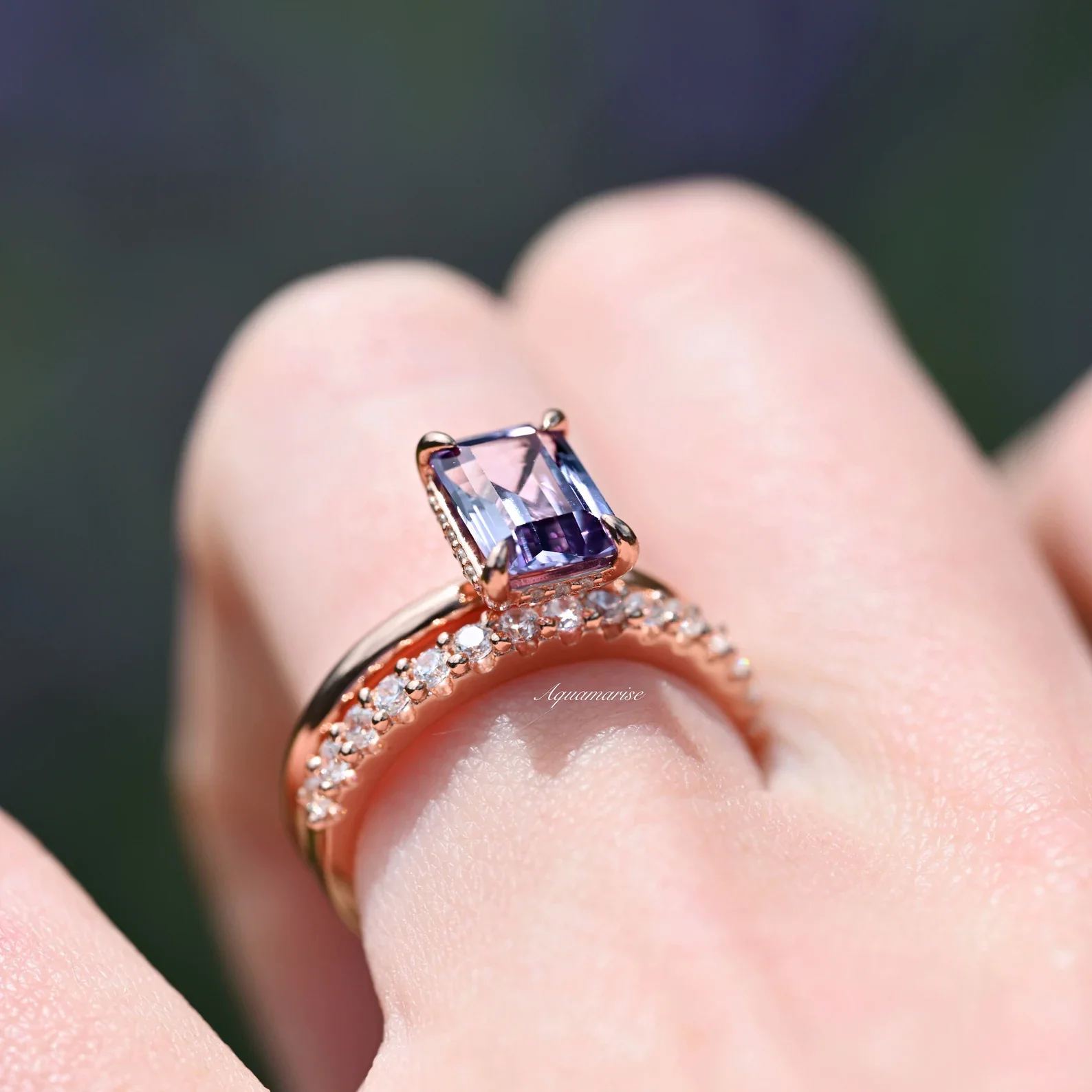 Alexandrite Engagement Ring Set- 14K Rose Gold Vermeil - Image 5