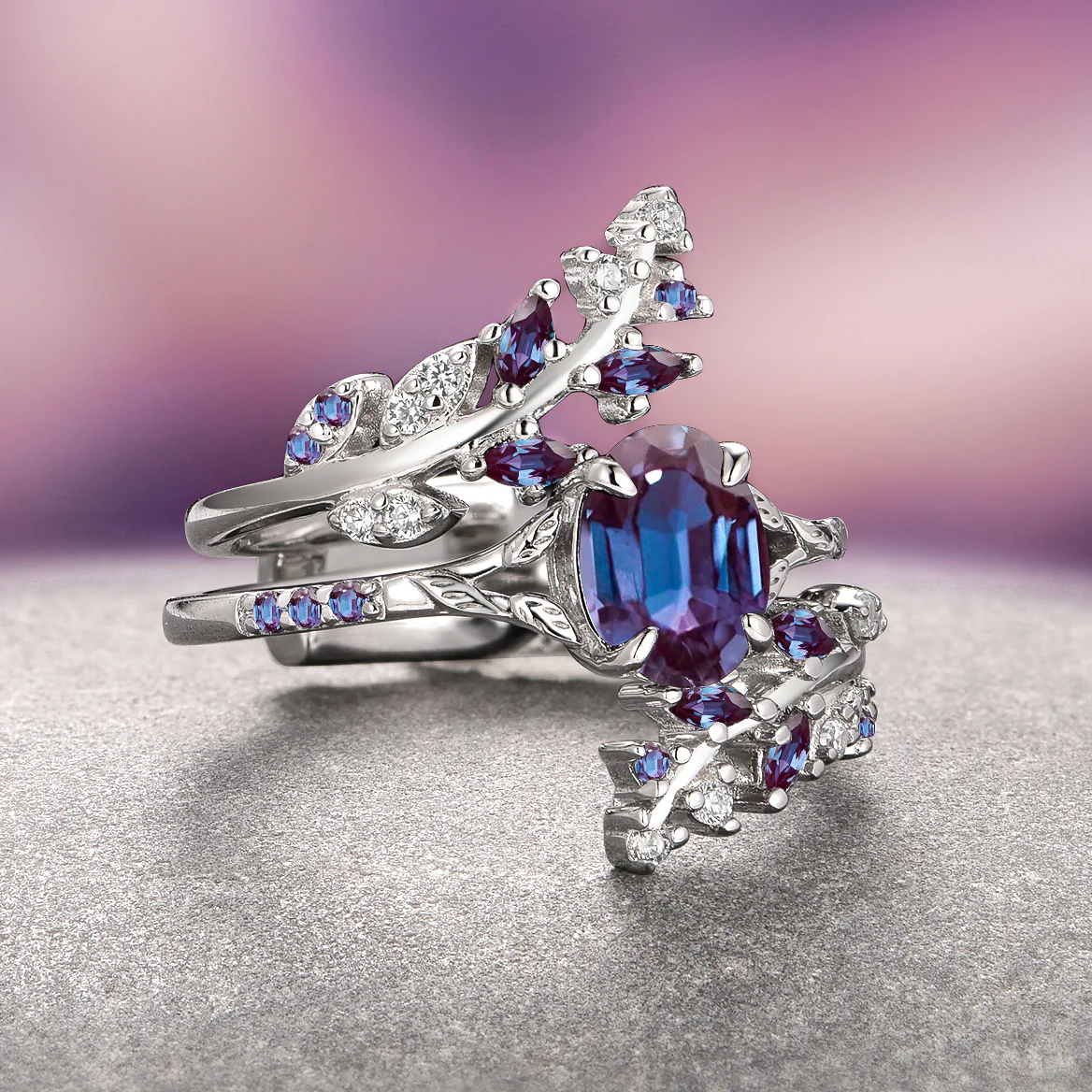 Alexandrite Leaf Engagement Ring Set- 14K White Gold (Two Piece) - Image 2