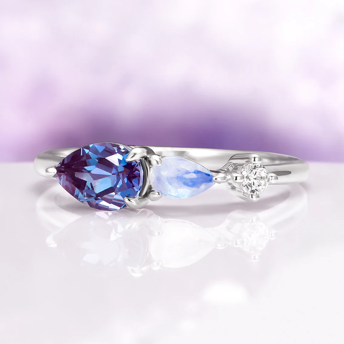 Alexandrite & Moonstone Dainty Engagement Ring in 14K White Gold