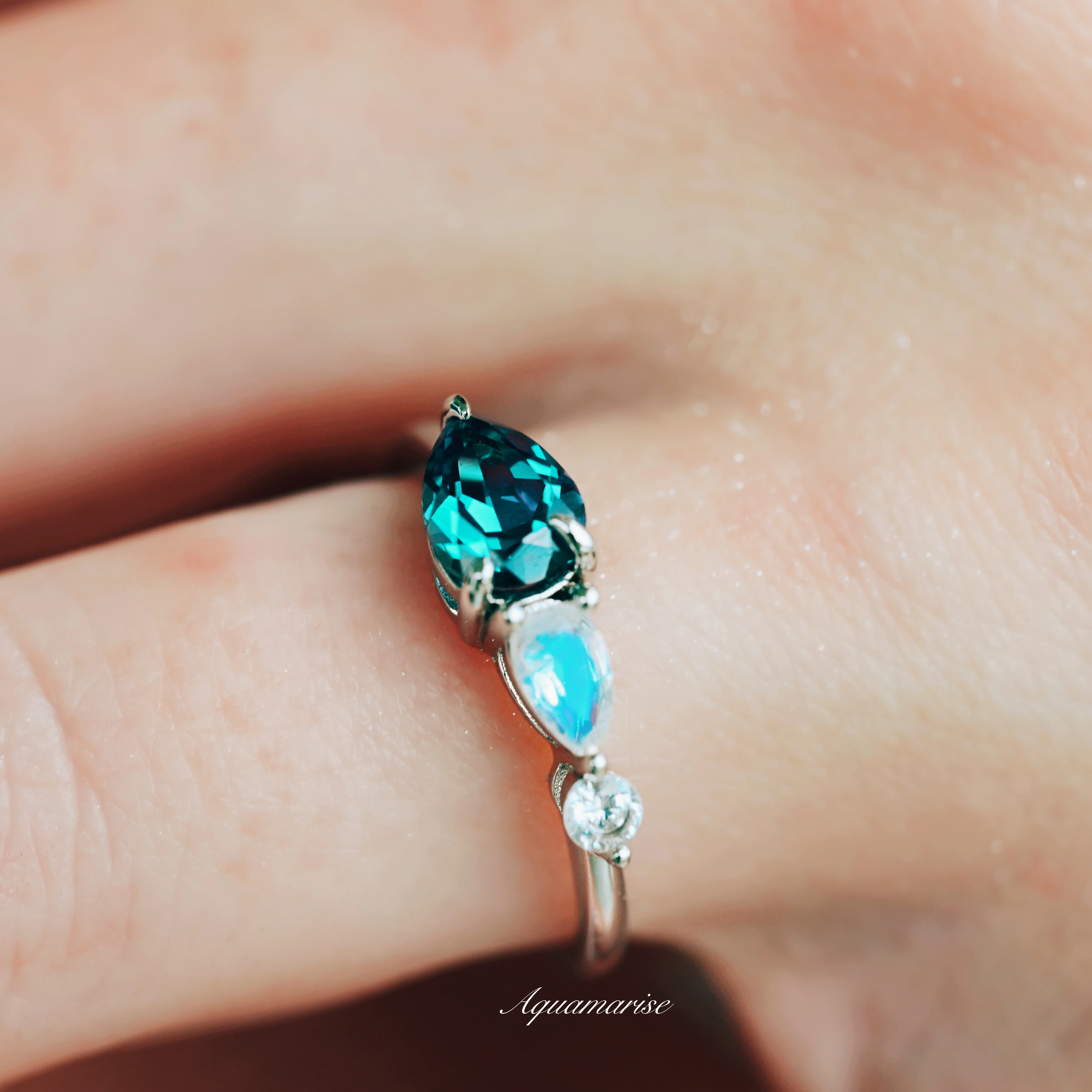 Alexandrite & Moonstone Dainty Engagement Ring in 14K White Gold - Image 3