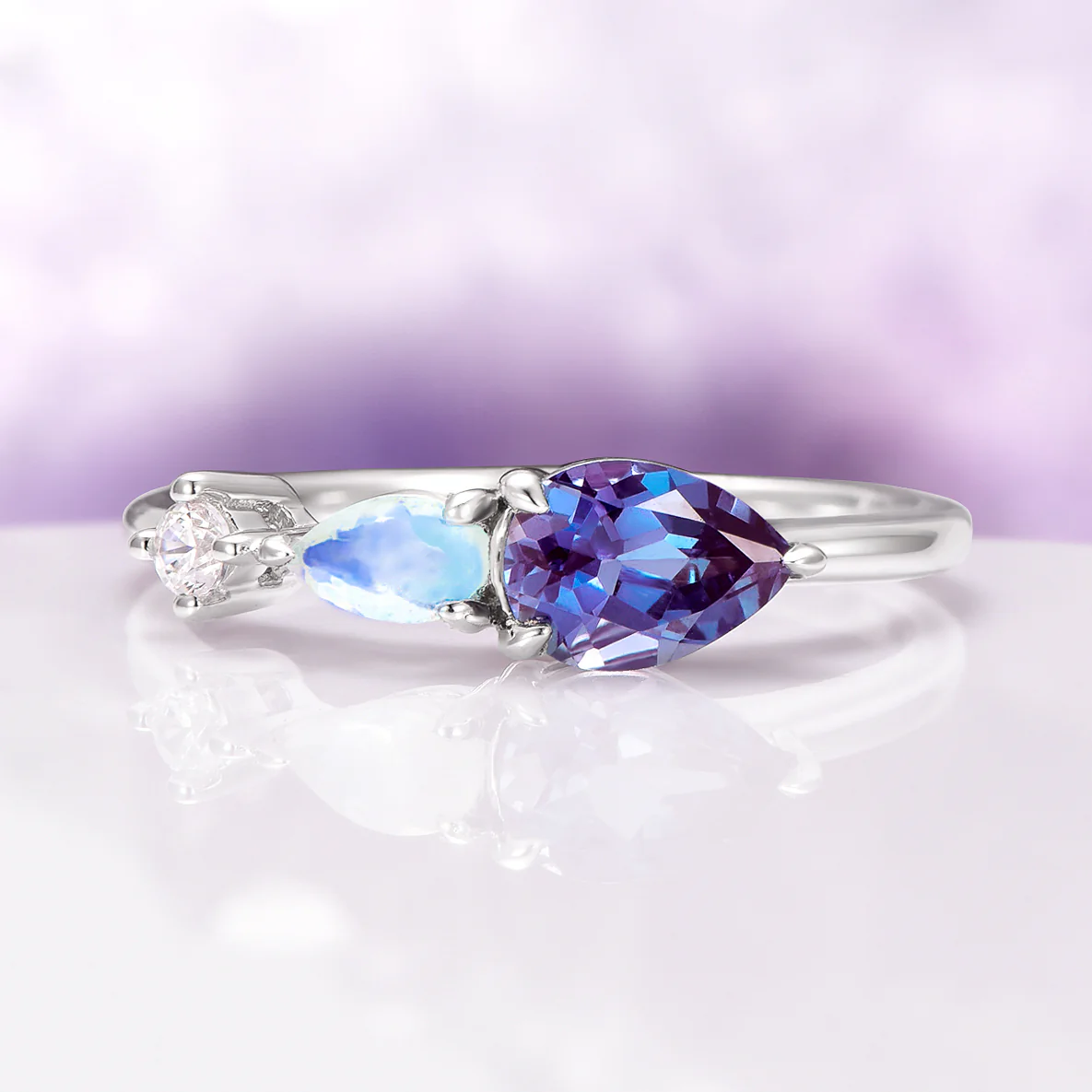 Alexandrite & Moonstone Dainty Engagement Ring in 14K White Gold - Image 5