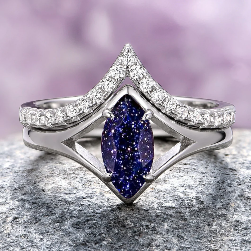 Starry Night Chevron Engagement Ring Set- 14K White Gold