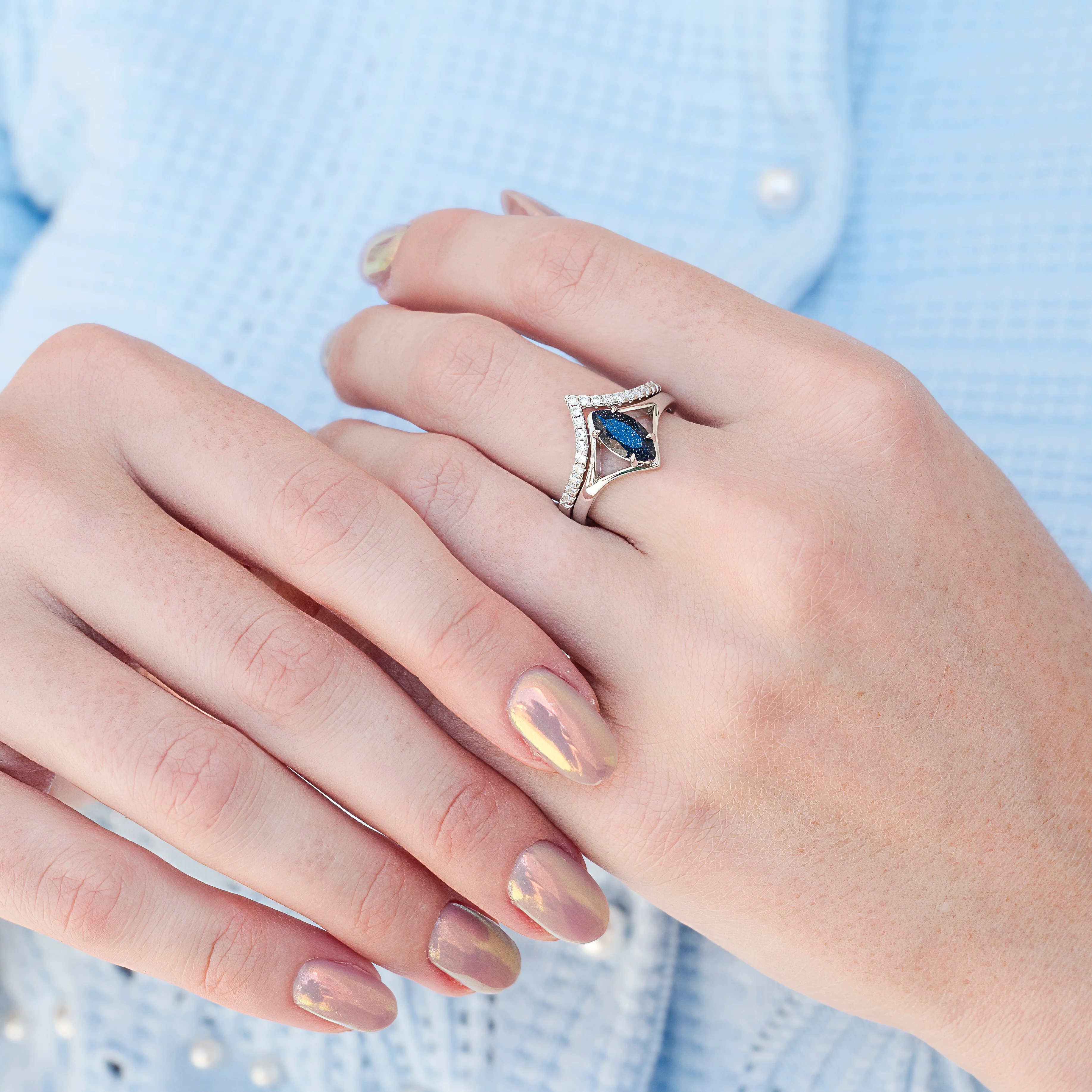 Starry Night Chevron Engagement Ring Set- 14K White Gold - Image 3