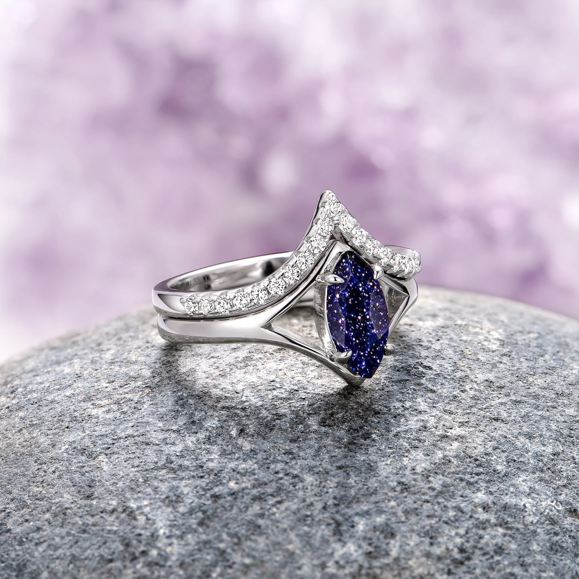 Starry Night Chevron Engagement Ring Set- 14K White Gold - Image 4