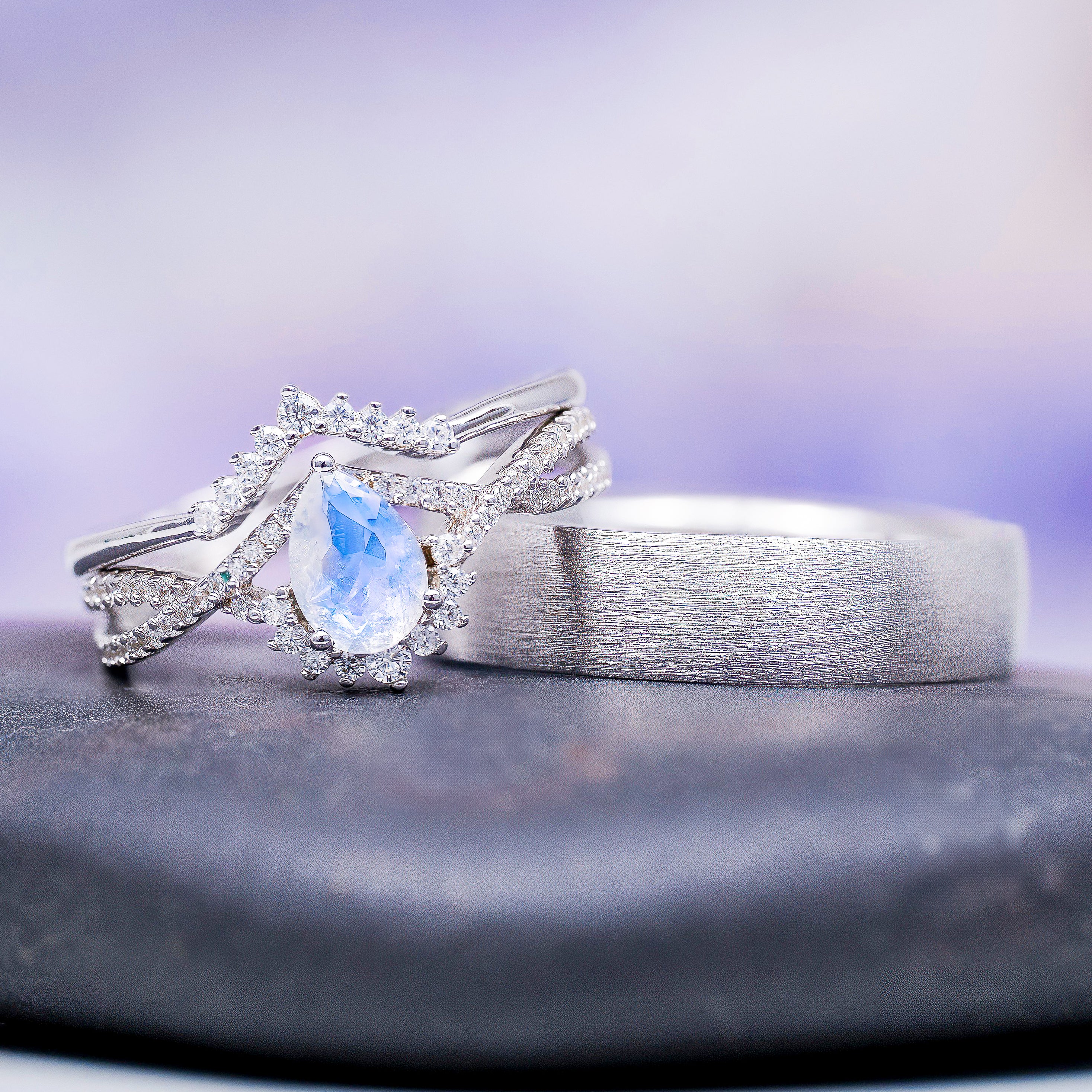 Alice Rainbow Moonstone Couples Ring Set