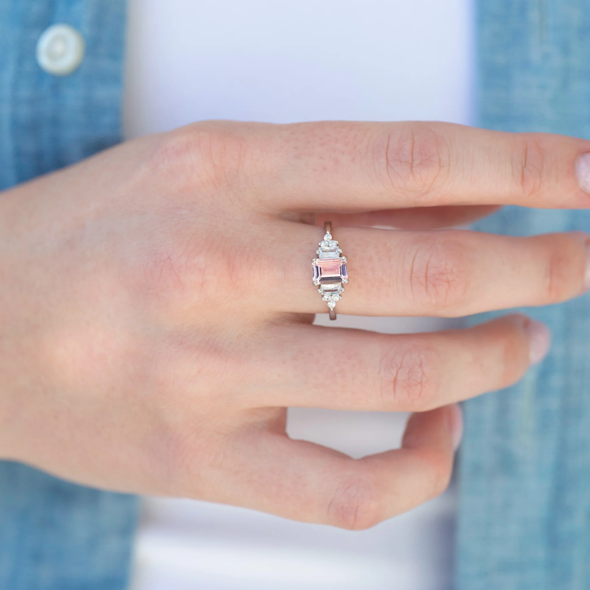 Amelia Emerald Cut Morganite Ring in Sterling Silver - Image 3