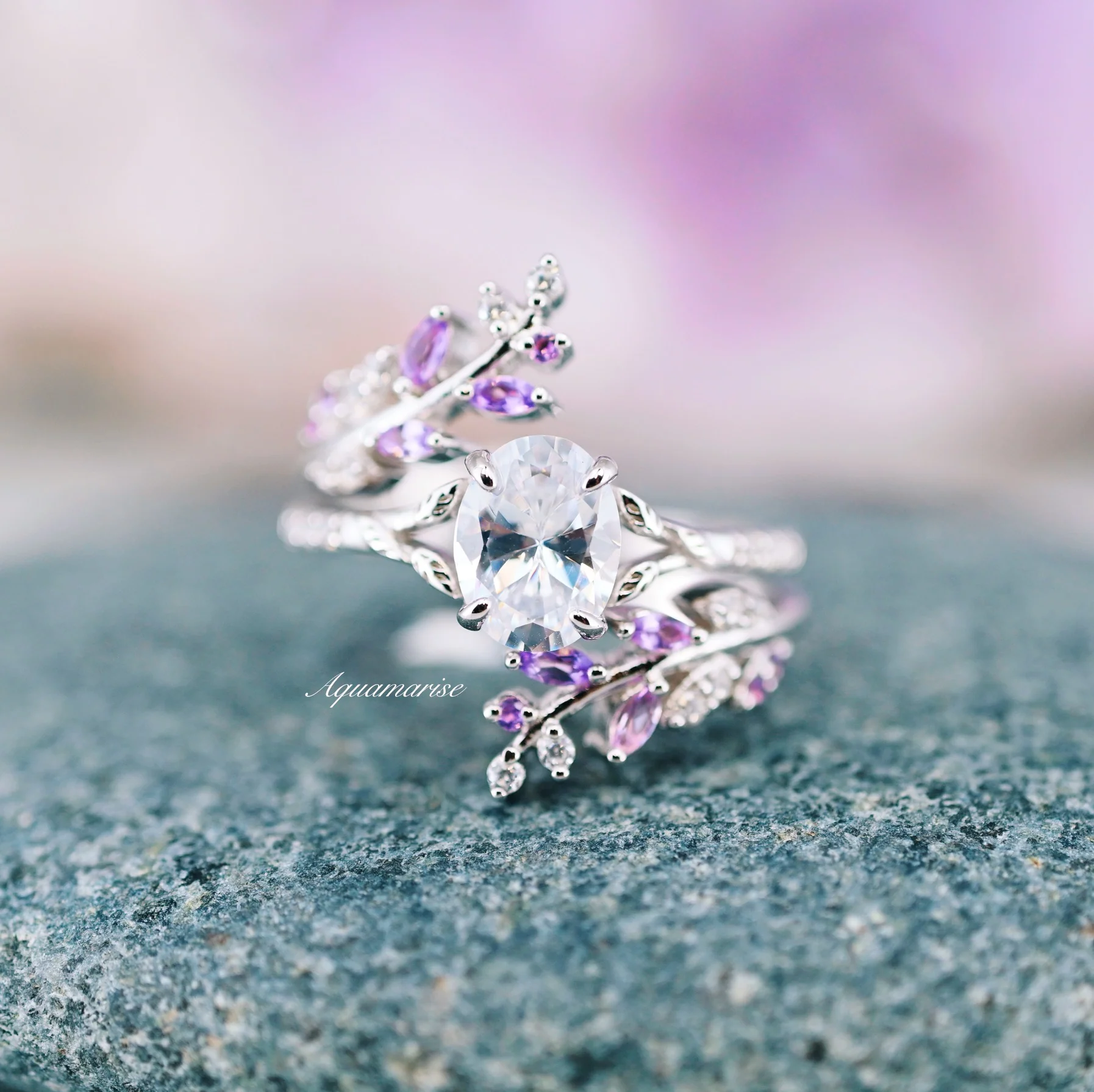 Simulated Diamond & Amethyst Leaf Couples Ring Set - Image 8