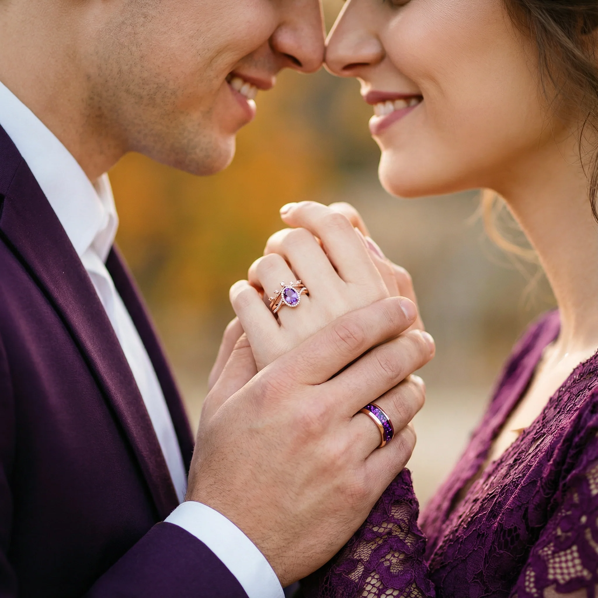 Crushed Galaxy Amethyst Wedding Band in Rose Gold Tungsten (8mm) - Image 4