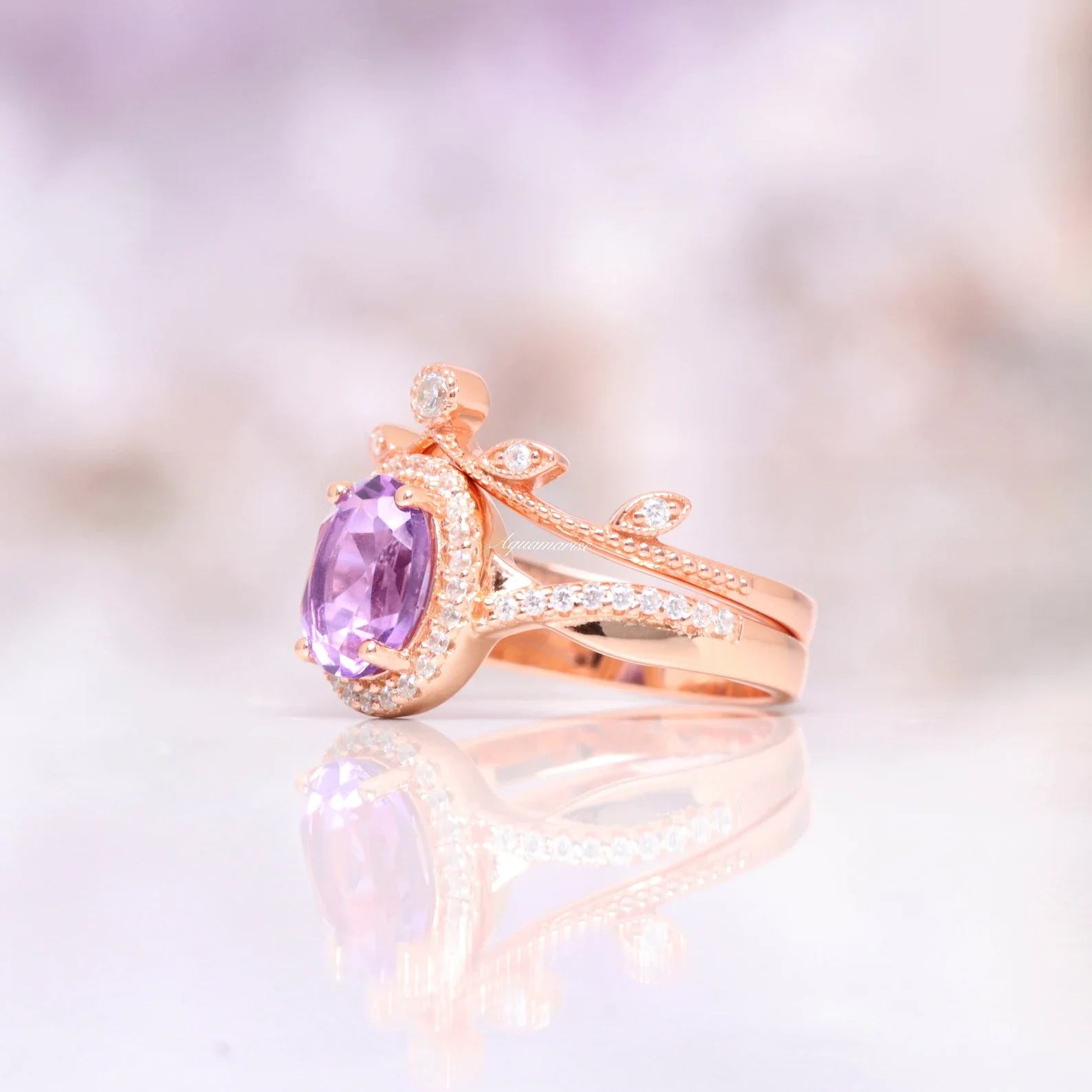 Amethyst & Galaxy Fire Opal Couples Ring Set - Image 8