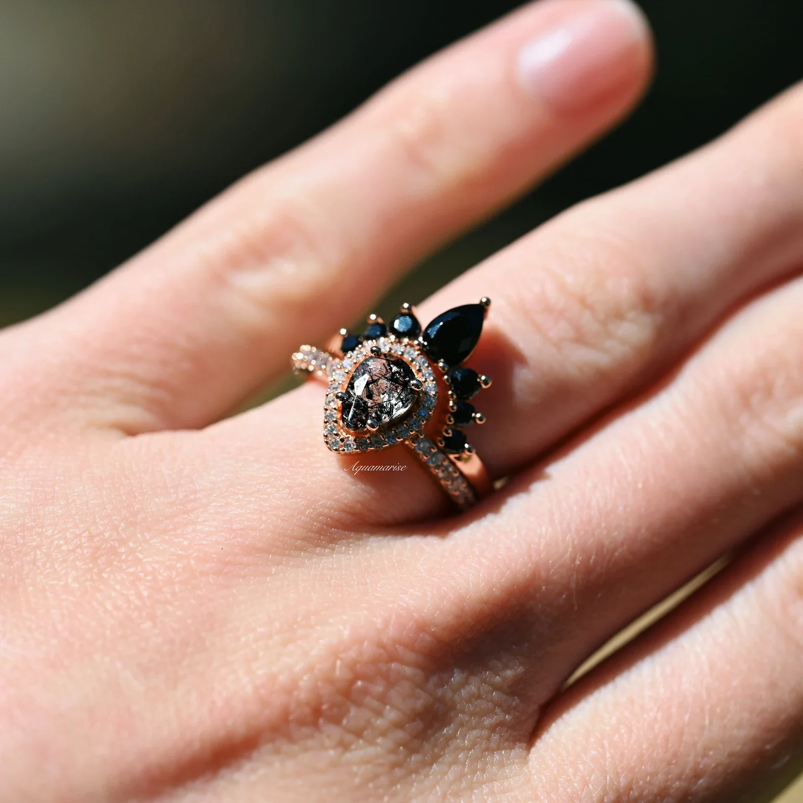 Amy Rutilated Quartz & Black Onyx Ring Set in 14K Rose Gold Vermeil - Image 4