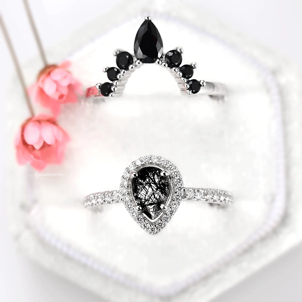 Amy Rutilated Quartz & Black Moissanite Engagement Ring Set in 14K White Gold - Image 2