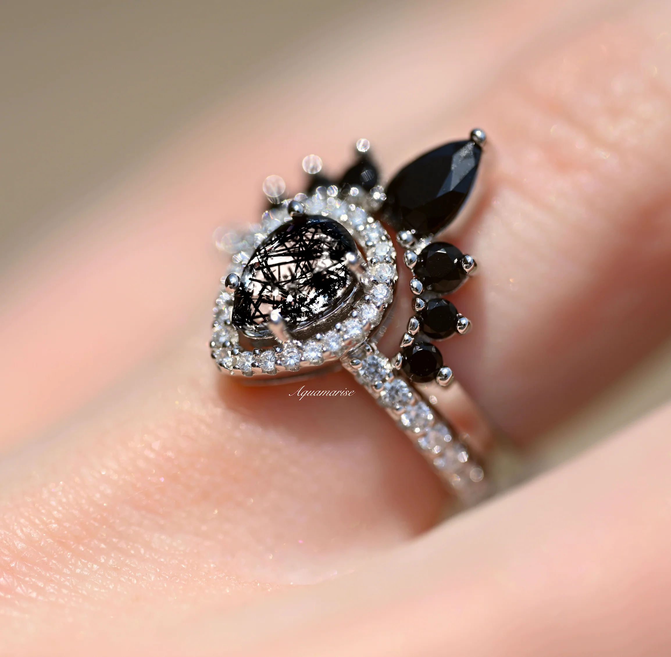 Amy Rutilated Quartz & Black Moissanite Engagement Ring Set in 14K White Gold - Image 3