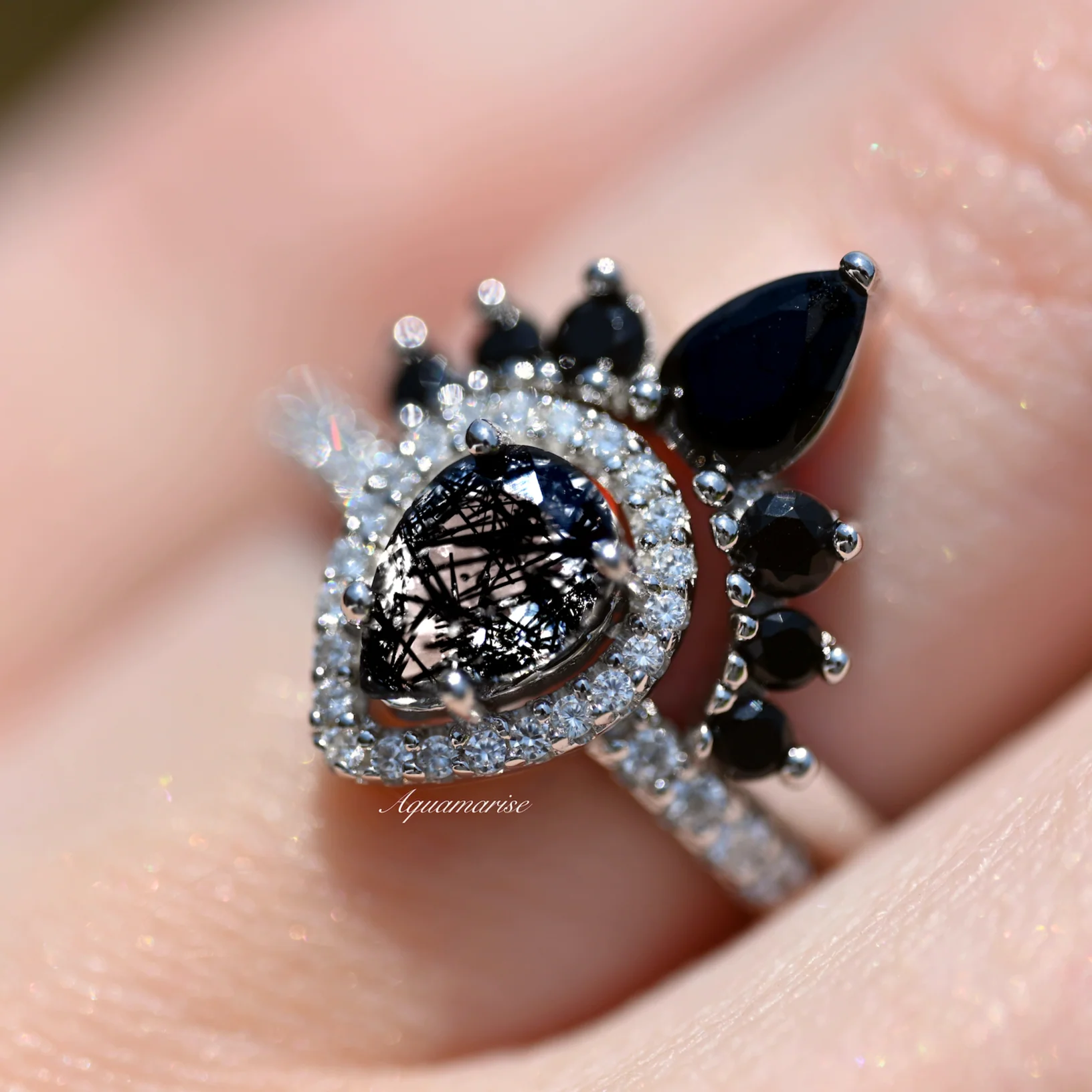 Amy Rutilated Quartz & Black Moissanite Engagement Ring Set in 14K White Gold - Image 4