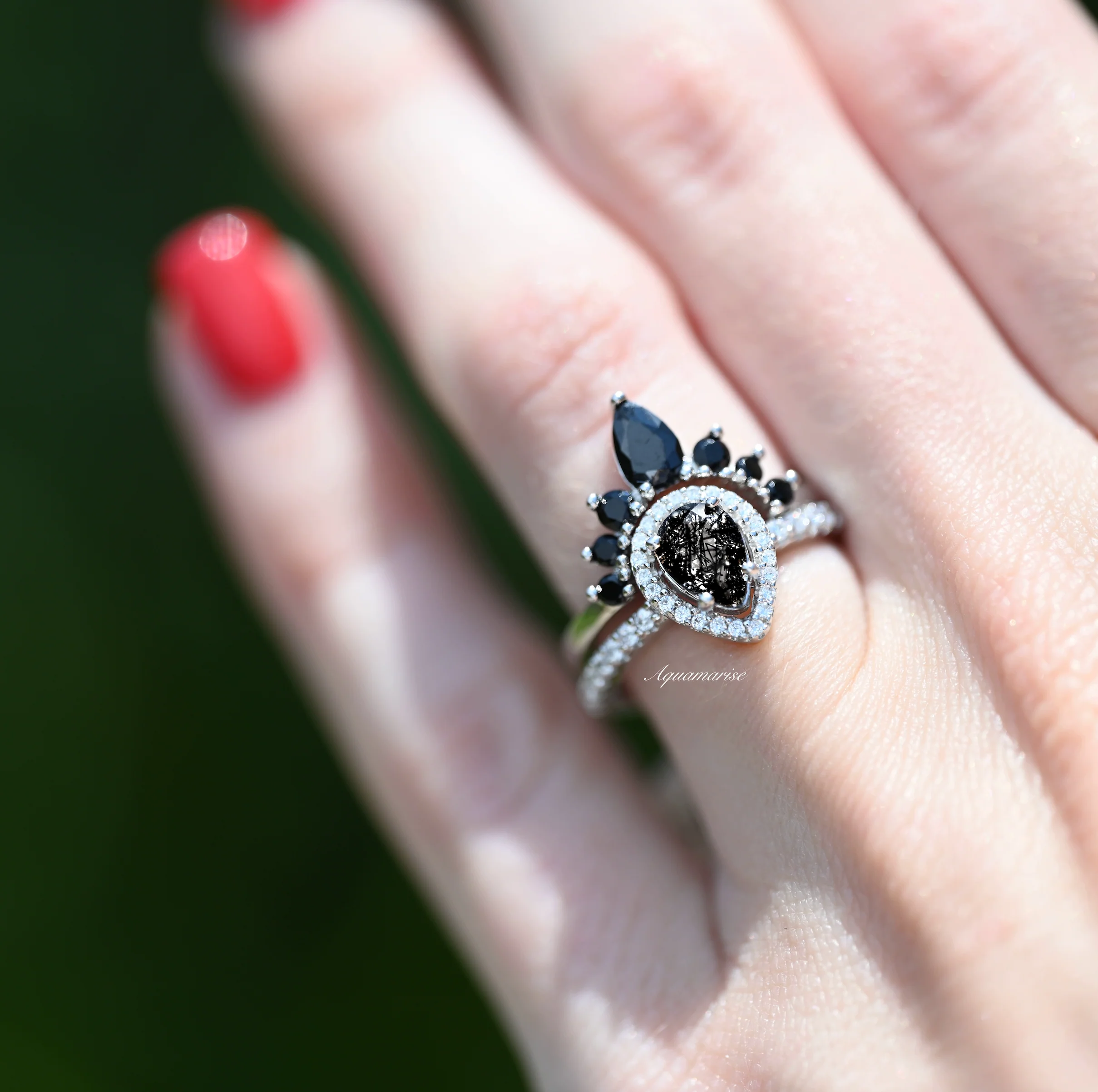 Amy Rutilated Quartz & Black Moissanite Engagement Ring Set in 14K White Gold - Image 5