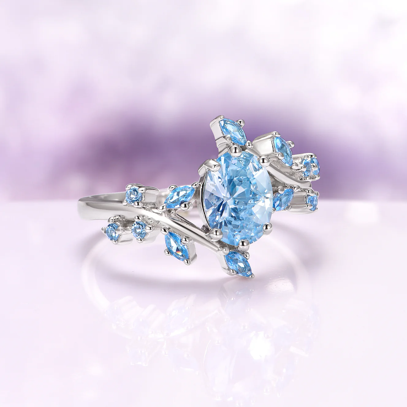 Aquamarine Fairy Leaf Engagement Ring in 14K White Gold - Image 5