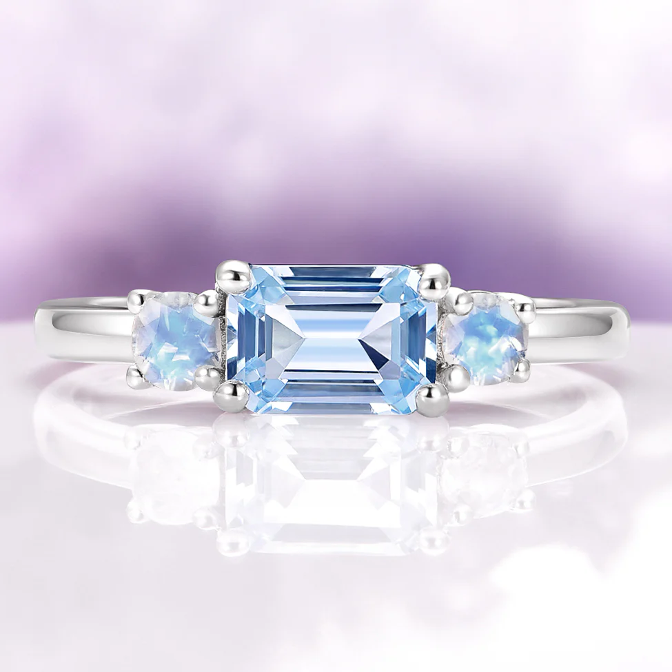 Emerald Cut Aquamarine and Moonstone Engagement Ring in 14K White Gold