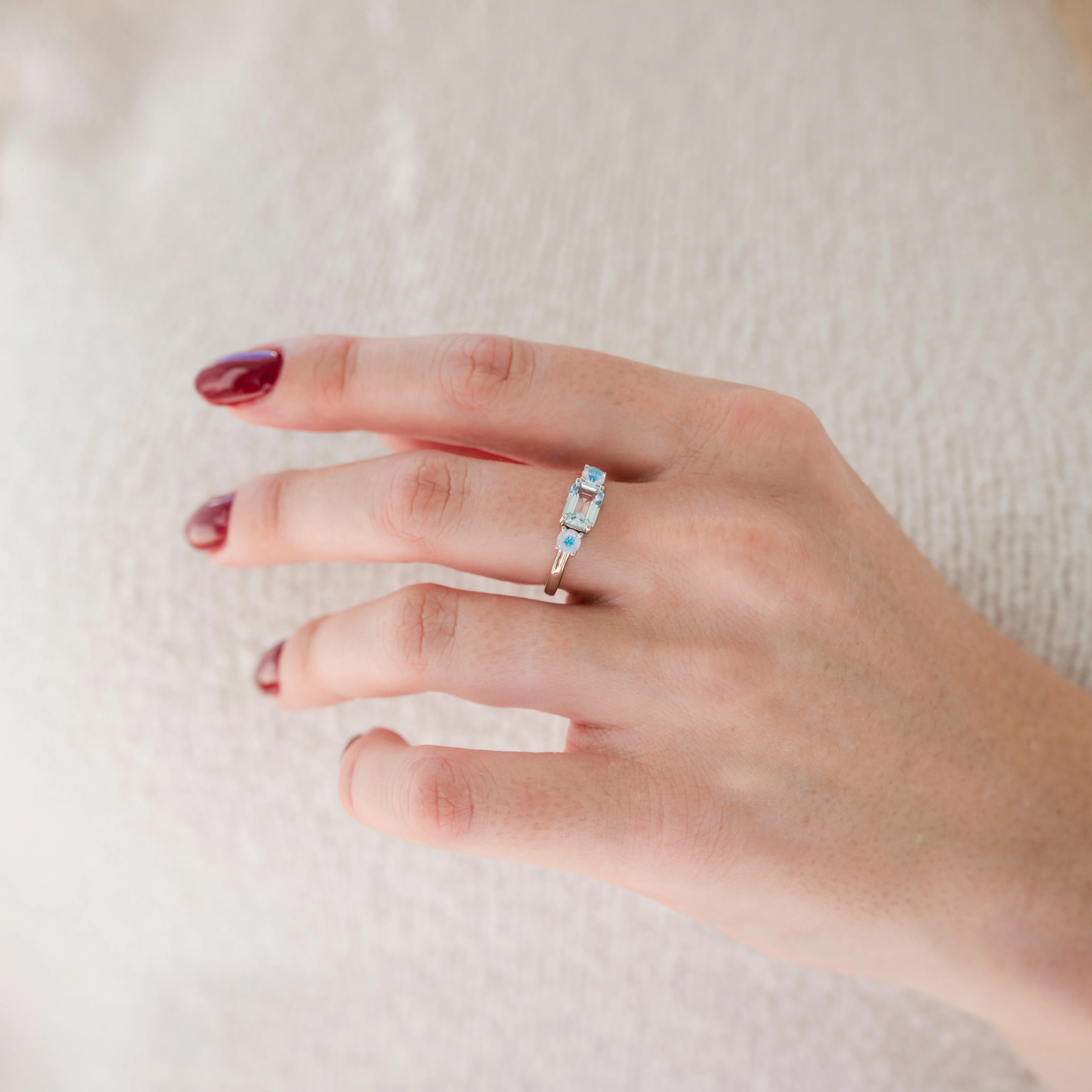 Emerald Cut Aquamarine and Moonstone Engagement Ring in 14K White Gold - Image 2