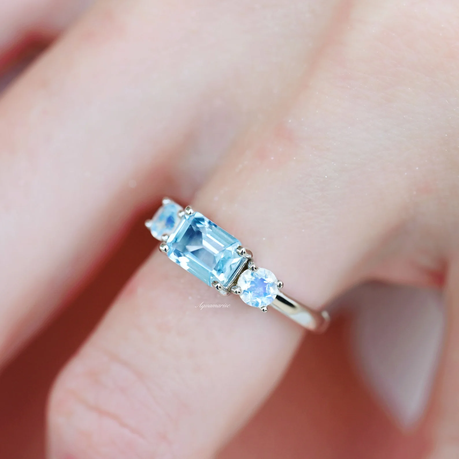 Emerald Cut Aquamarine and Moonstone Engagement Ring in 14K White Gold - Image 4