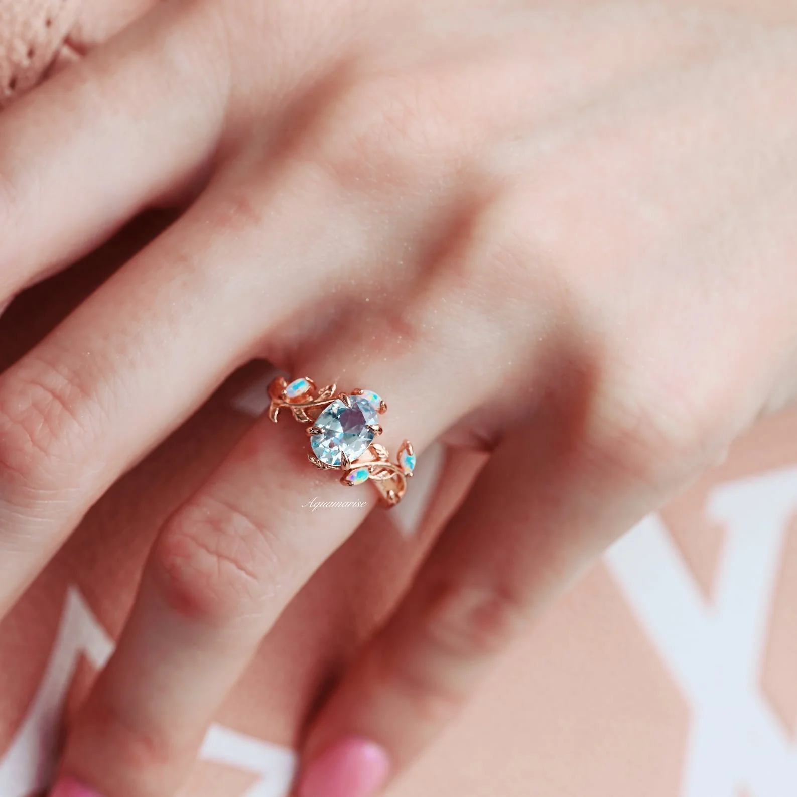 Aquamarine & Fire Opal Leaf Engagement Ring in 14K Rose Gold Vermeil - Image 3