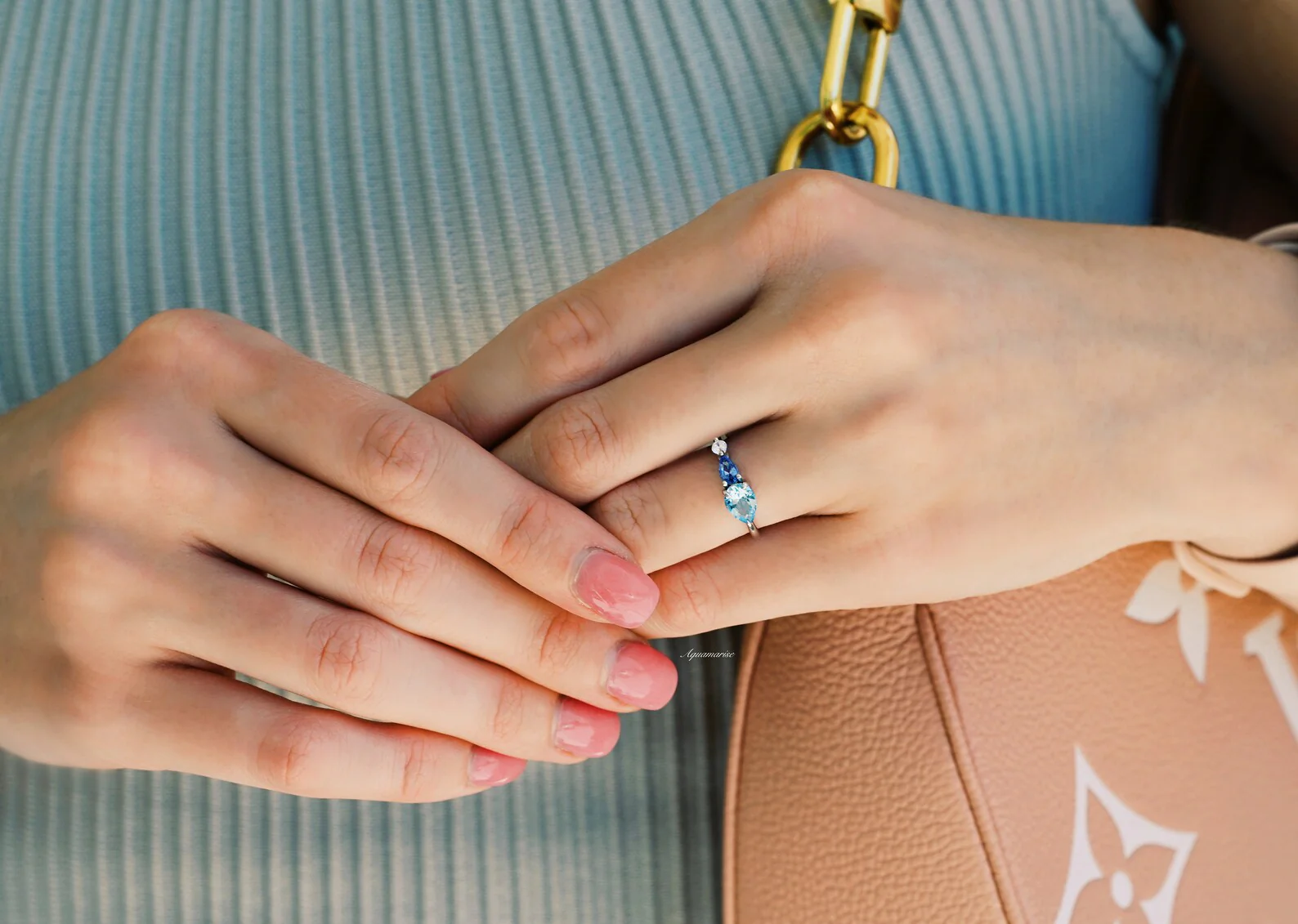 Aquamarine and Tanzanite Dainty Engagement Ring in 14K White Gold - Image 2