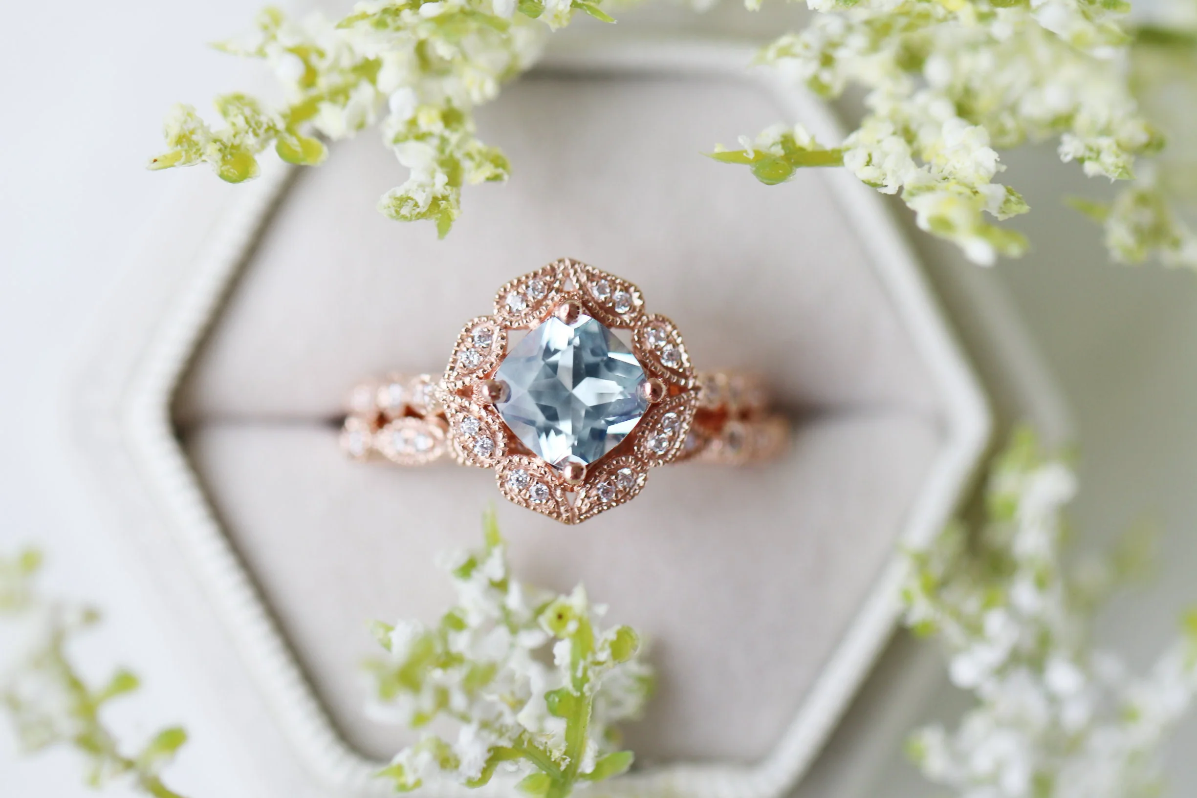 Vintage Cushion Cut Aquamarine Ring in 14k Rose Gold Vermeil - Image 3