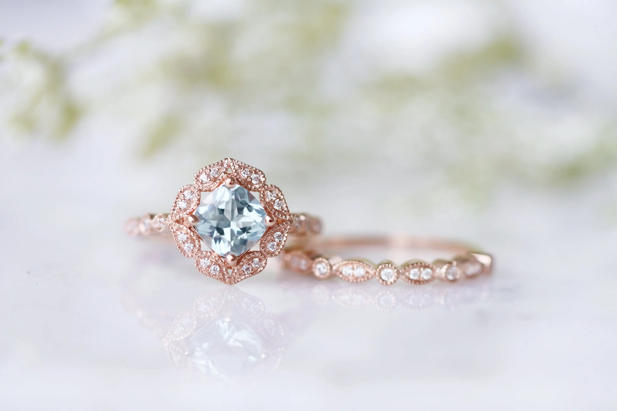Vintage Cushion Cut Aquamarine Ring in 14k Rose Gold Vermeil - Image 4